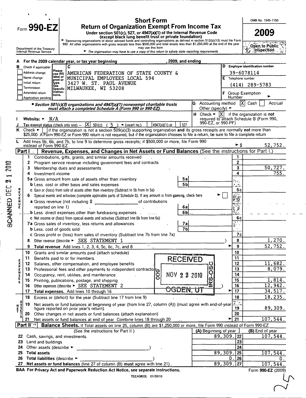 Image of first page of 2009 Form 990EO for American Federation of State County & Municipal Employees - L0594wi Milwaukee Co Human SVCS Emp