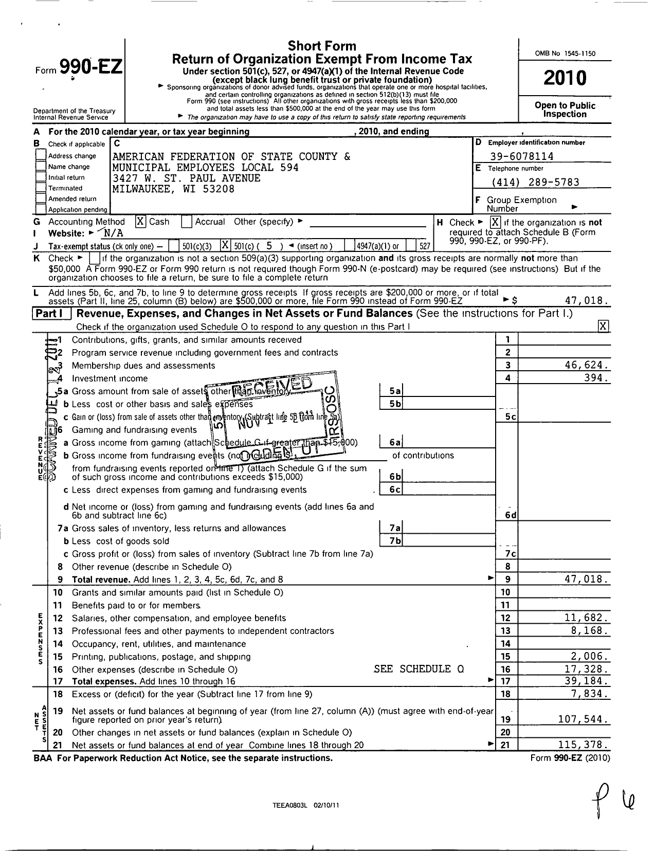 Image of first page of 2010 Form 990EO for American Federation of State County & Municipal Employees - L0594wi Milwaukee Co Human SVCS Emp