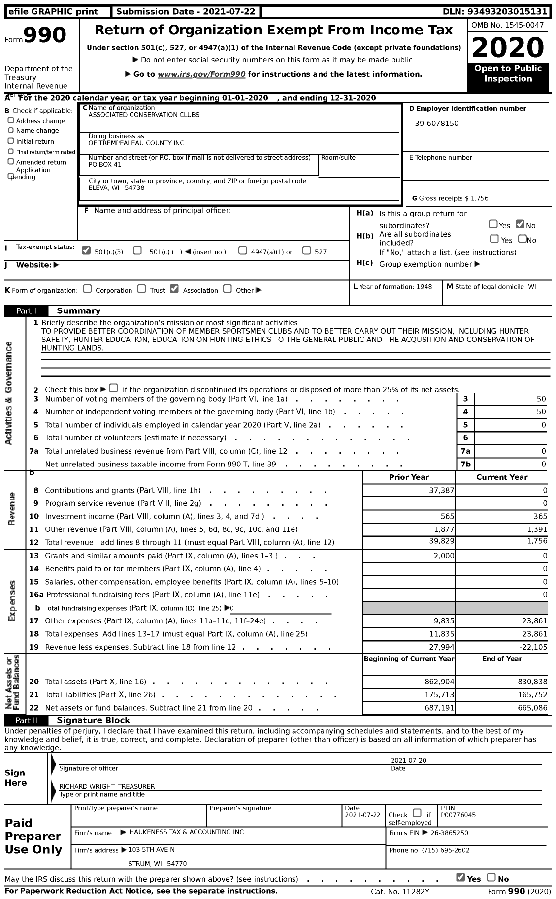 Image of first page of 2020 Form 990 for Associated Conservation Clubs of Trempealeau County