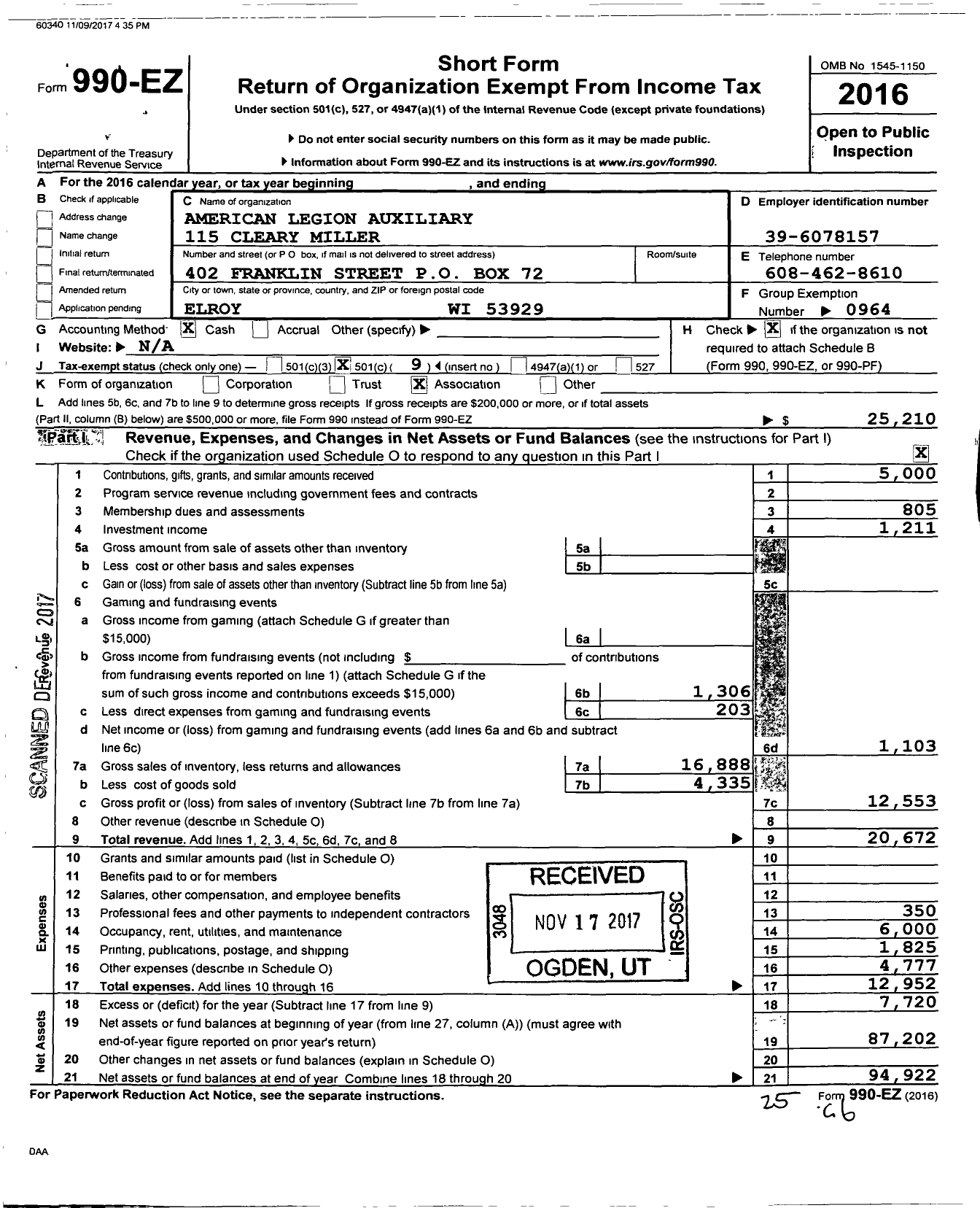 Image of first page of 2016 Form 990EO for American Legion Auxiliary 115 Cleary Miller