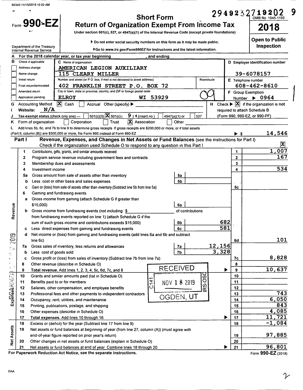 Image of first page of 2018 Form 990EO for American Legion Auxiliary 115 Cleary Miller