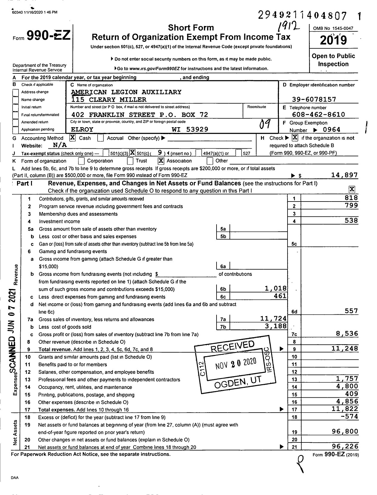 Image of first page of 2019 Form 990EO for American Legion Auxiliary 115 Cleary Miller