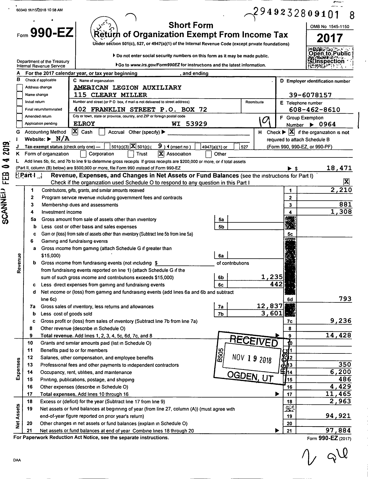 Image of first page of 2017 Form 990EO for American Legion Auxiliary 115 Cleary Miller