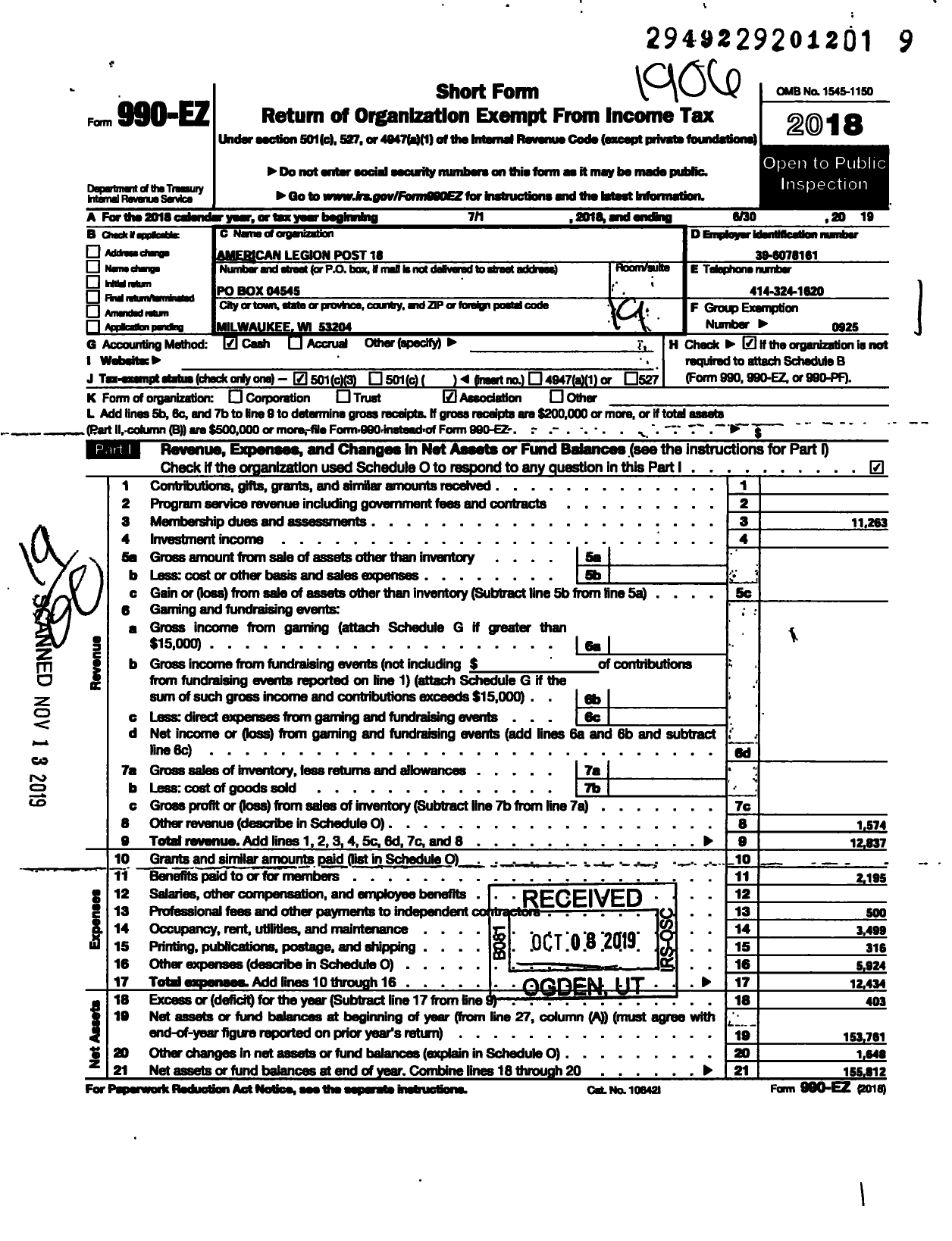 Image of first page of 2018 Form 990EO for American Legion - 18 Post Milwaukee