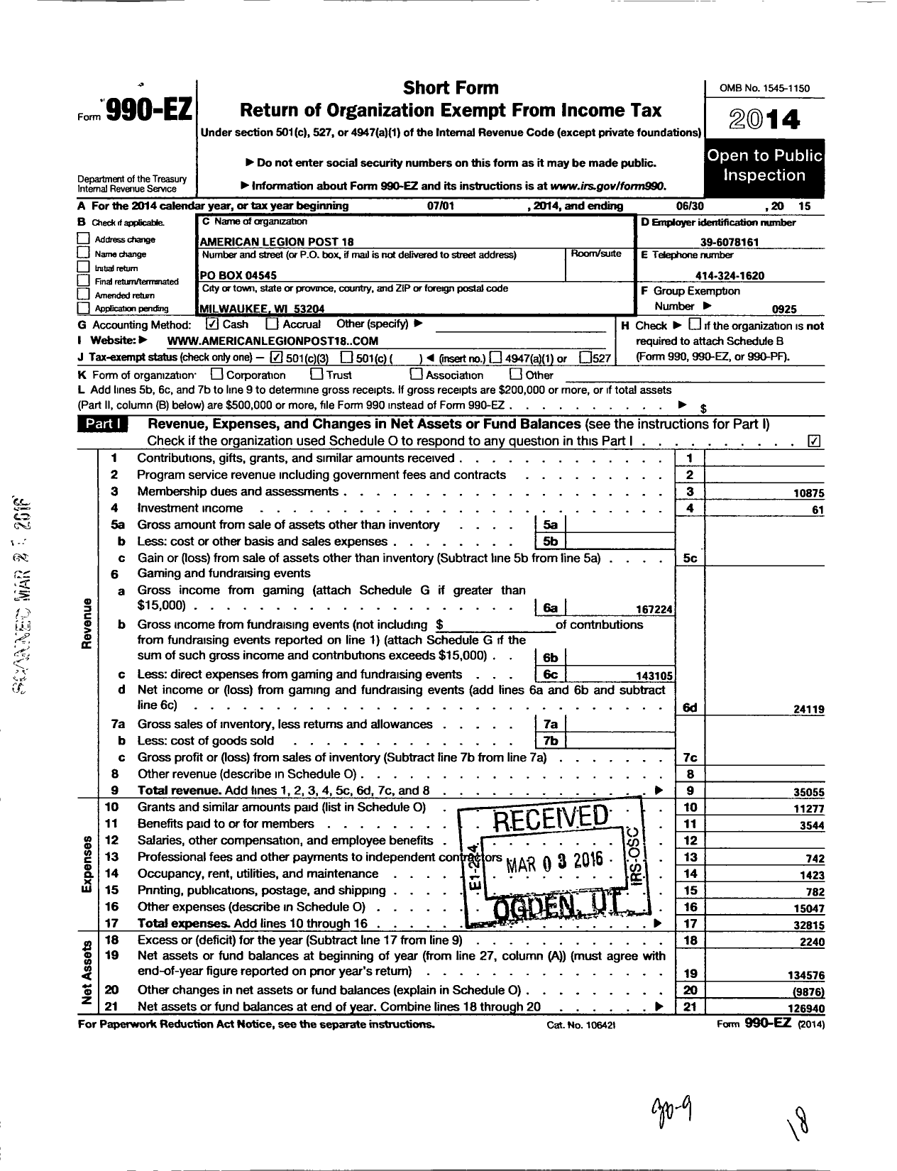 Image of first page of 2014 Form 990EZ for American Legion - 18 Post Milwaukee