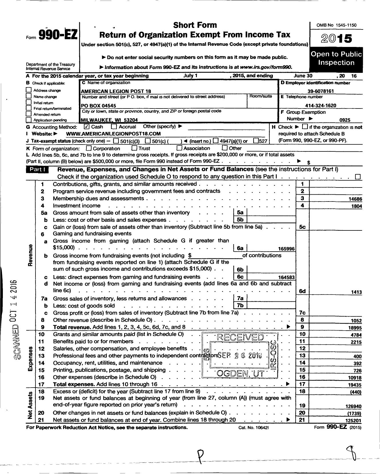 Image of first page of 2015 Form 990EO for American Legion - 18 Post Milwaukee