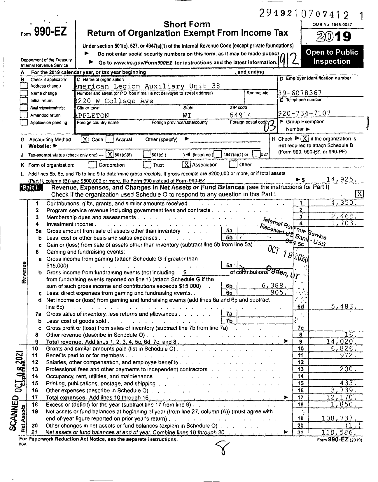 Image of first page of 2019 Form 990EZ for American Legion Auxiliary - 38 Oney Johnston-Edward Blessman