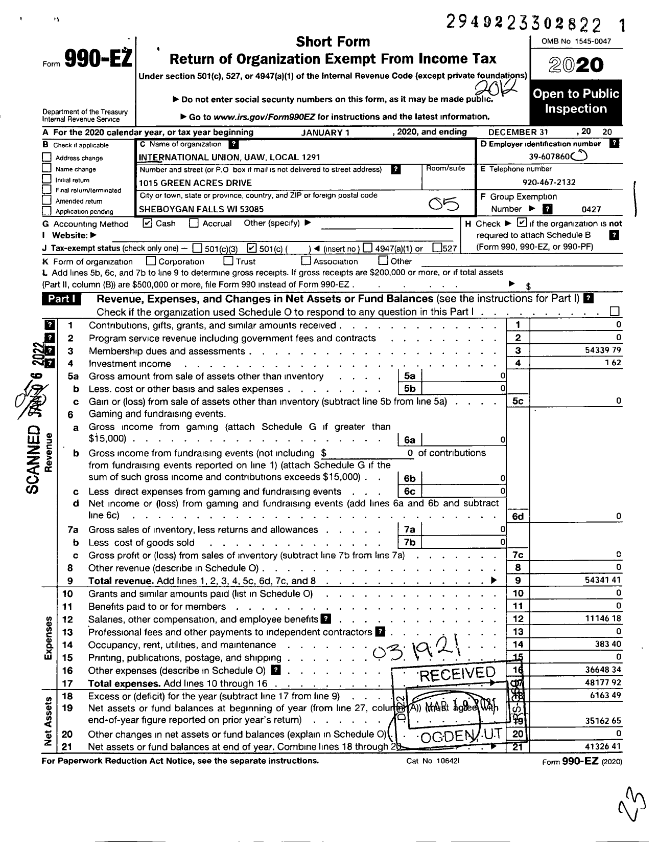 Image of first page of 2020 Form 990EO for Uaw - 1291 Local