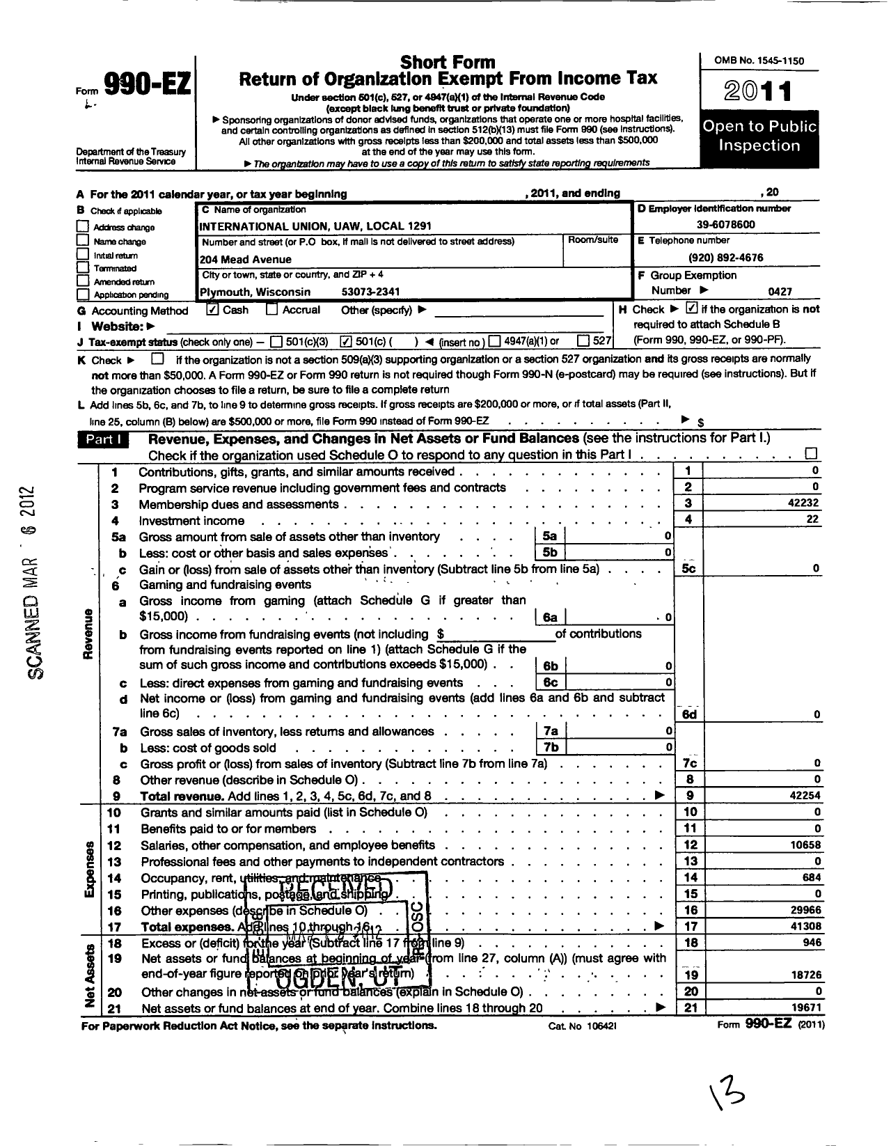 Image of first page of 2011 Form 990EZ for Uaw - 1291 Local