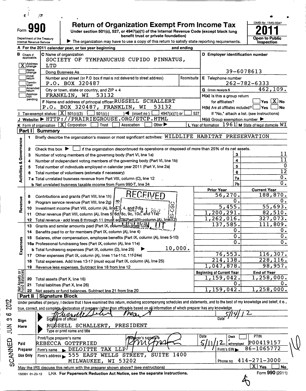 Image of first page of 2011 Form 990 for Society of Tympanuchus Cupido Pinnatus