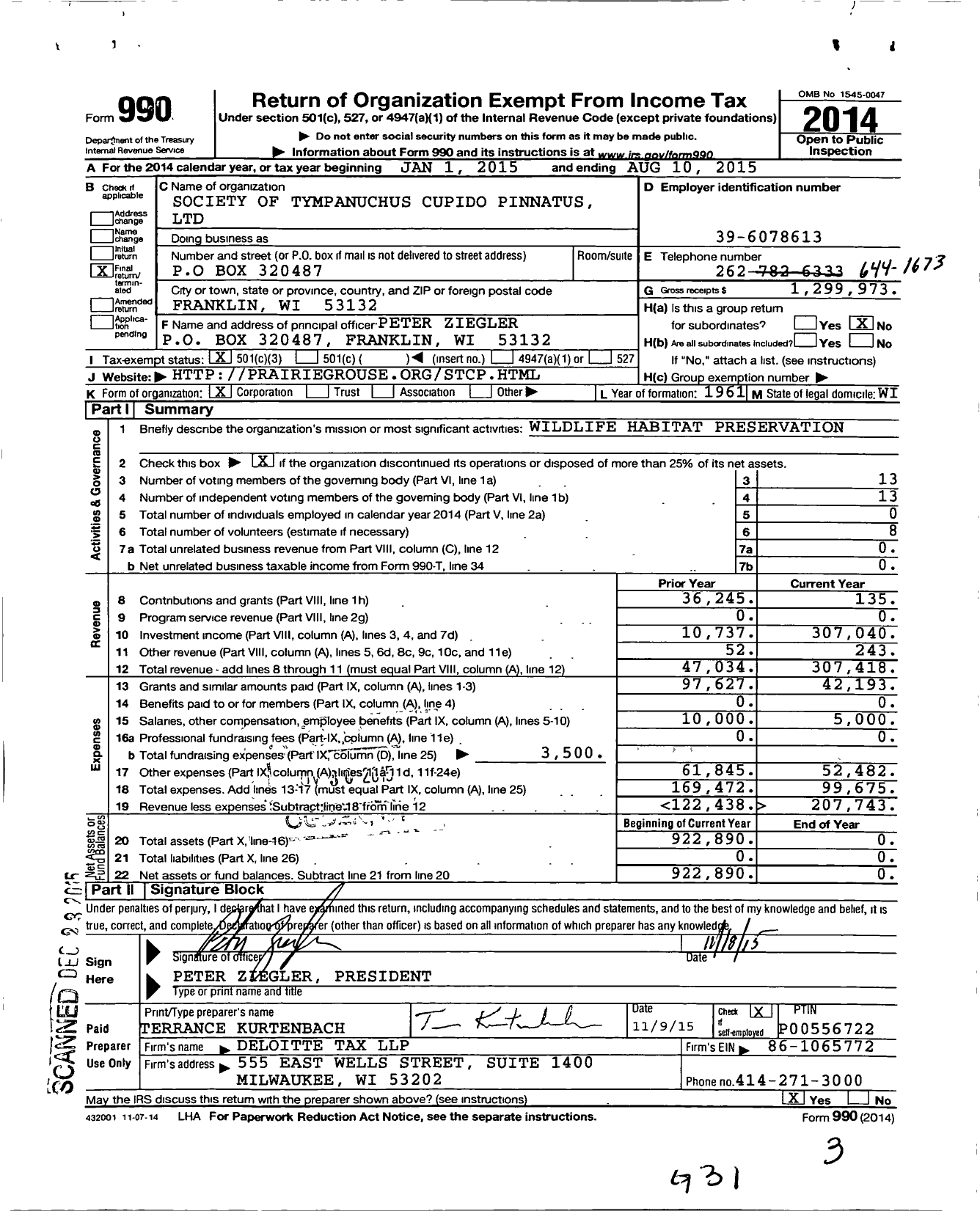 Image of first page of 2014 Form 990 for Society of Tympanuchus Cupido Pinnatus