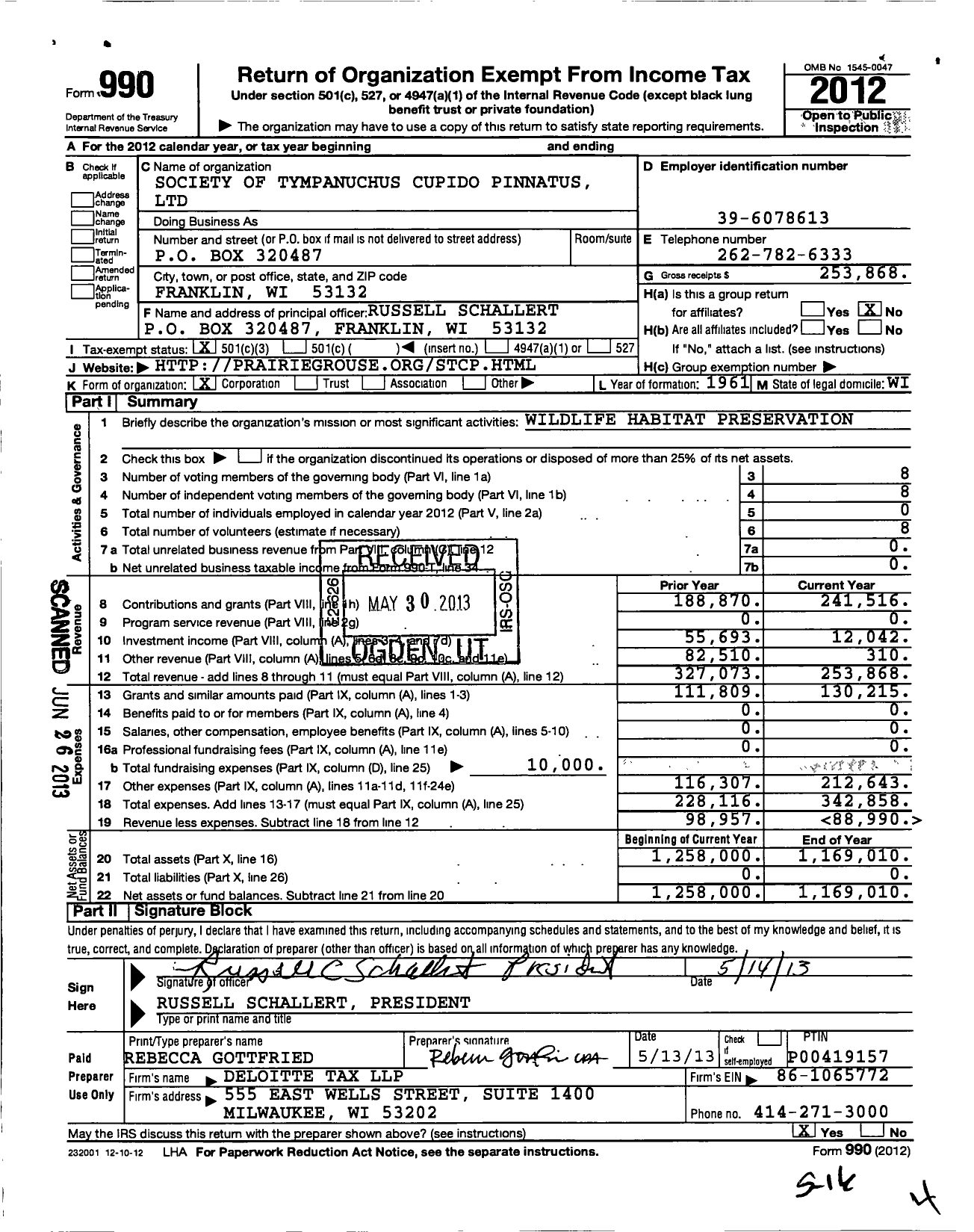 Image of first page of 2012 Form 990 for Society of Tympanuchus Cupido Pinnatus