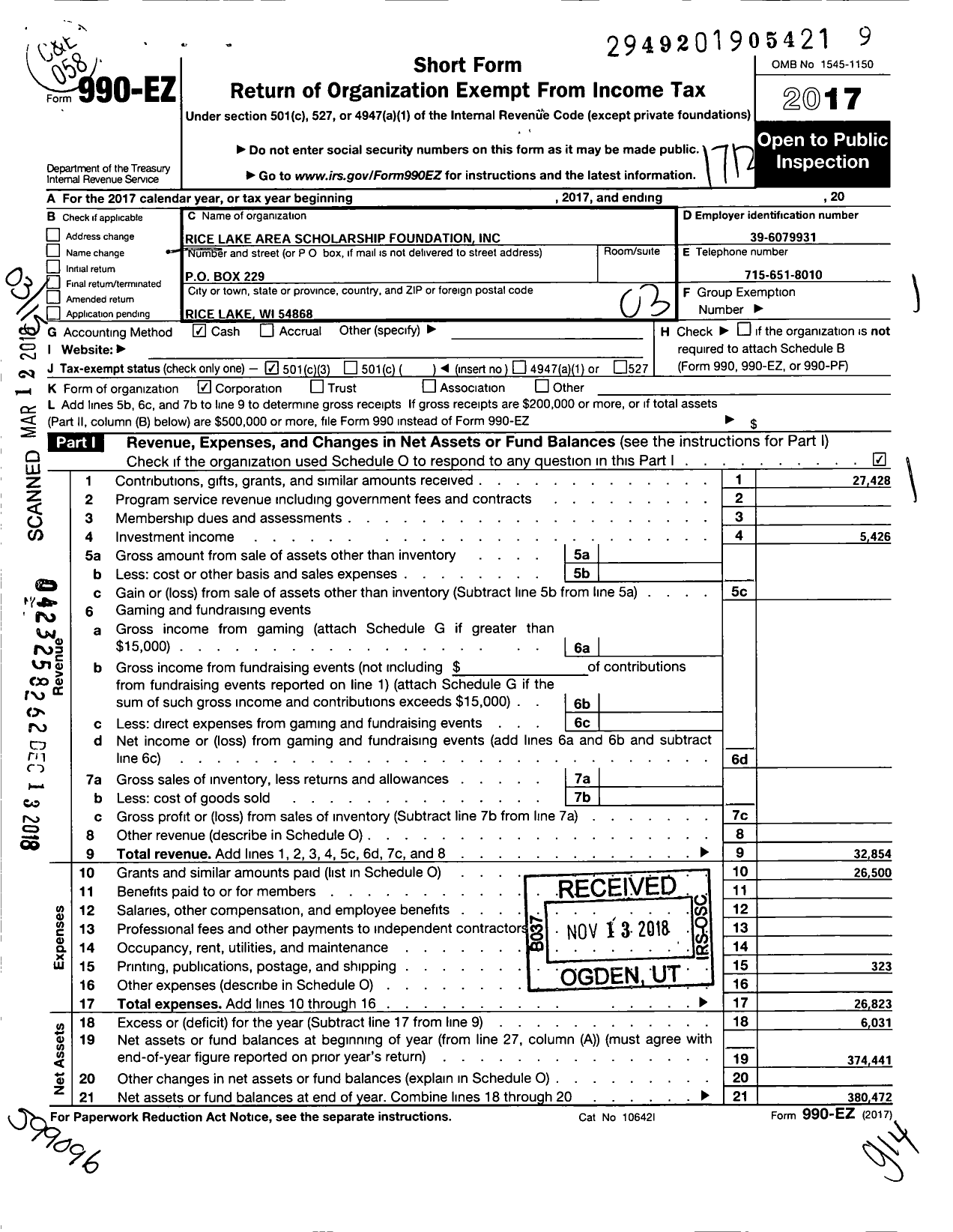 Image of first page of 2017 Form 990EZ for Rice Lake Area Scholarship Foundation