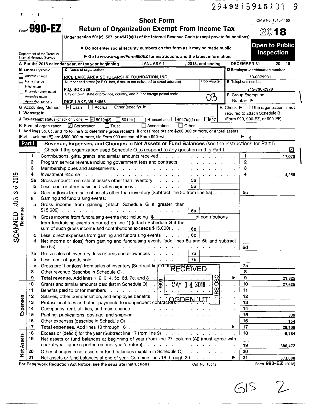 Image of first page of 2018 Form 990EZ for Rice Lake Area Scholarship Foundation