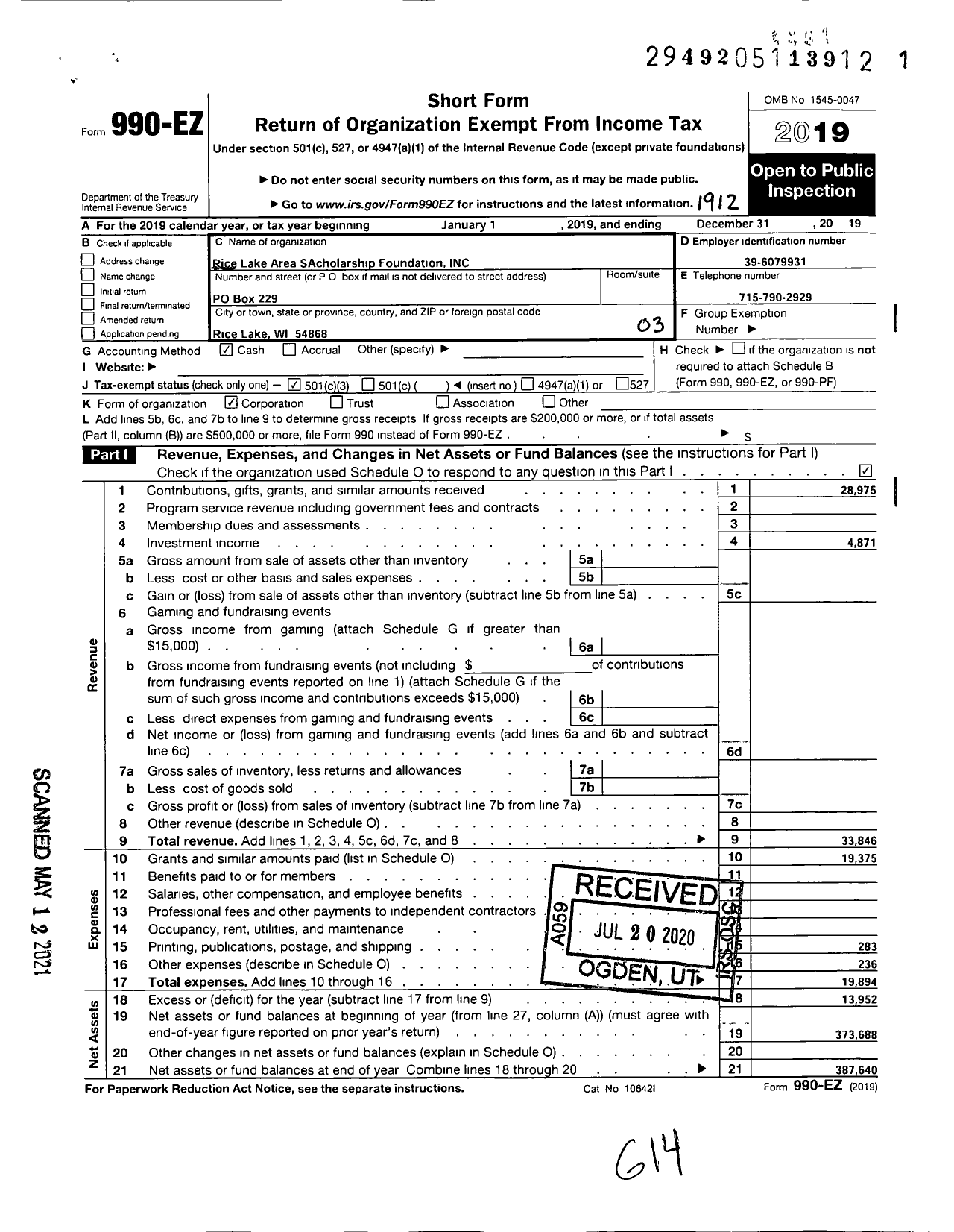 Image of first page of 2019 Form 990EZ for Rice Lake Area Scholarship Foundation