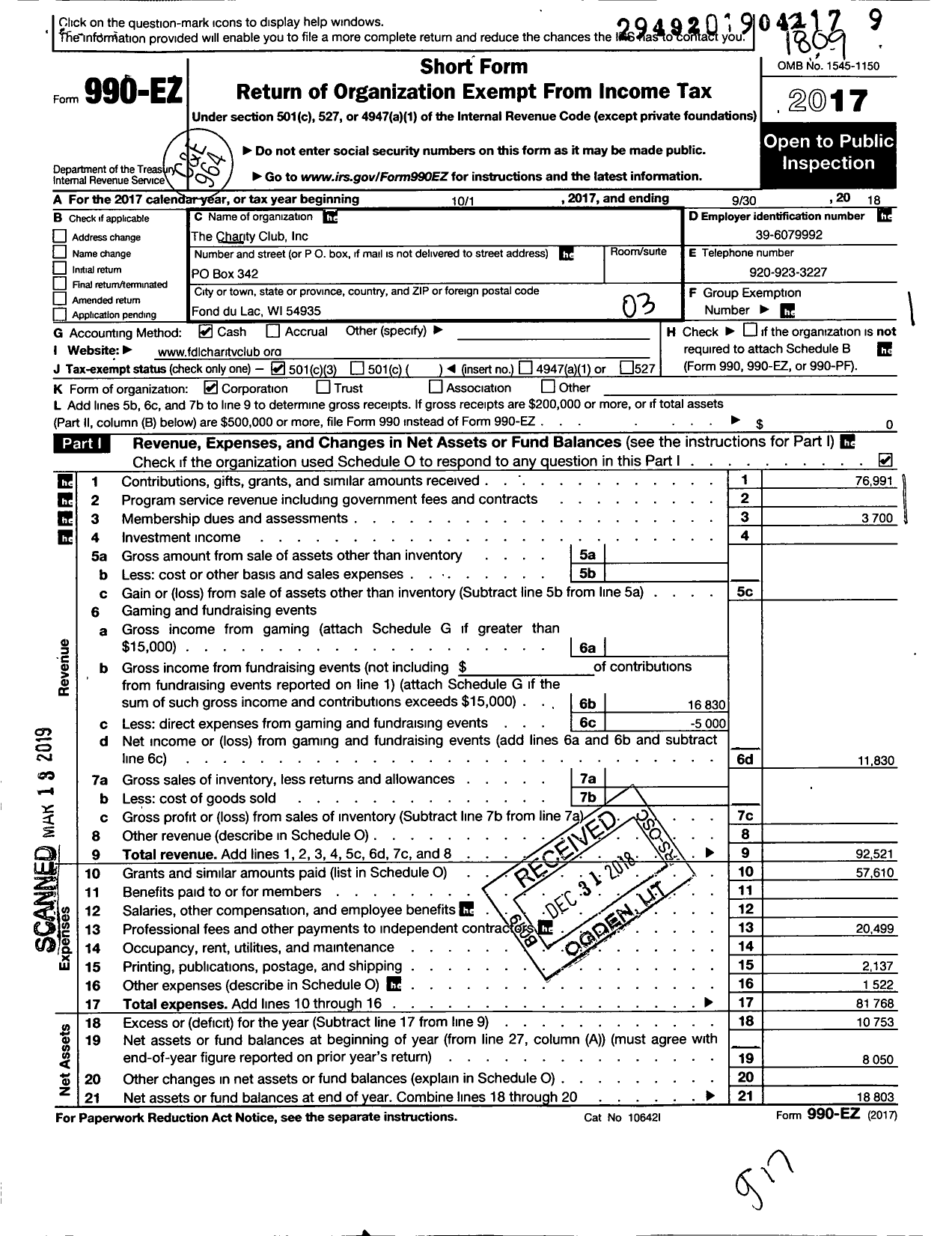 Image of first page of 2017 Form 990EZ for Charity Club