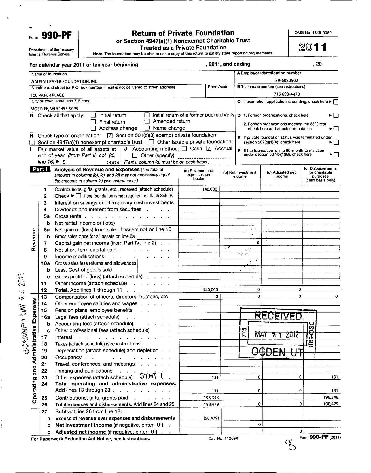 Image of first page of 2011 Form 990PF for Wausau Paper Foundation