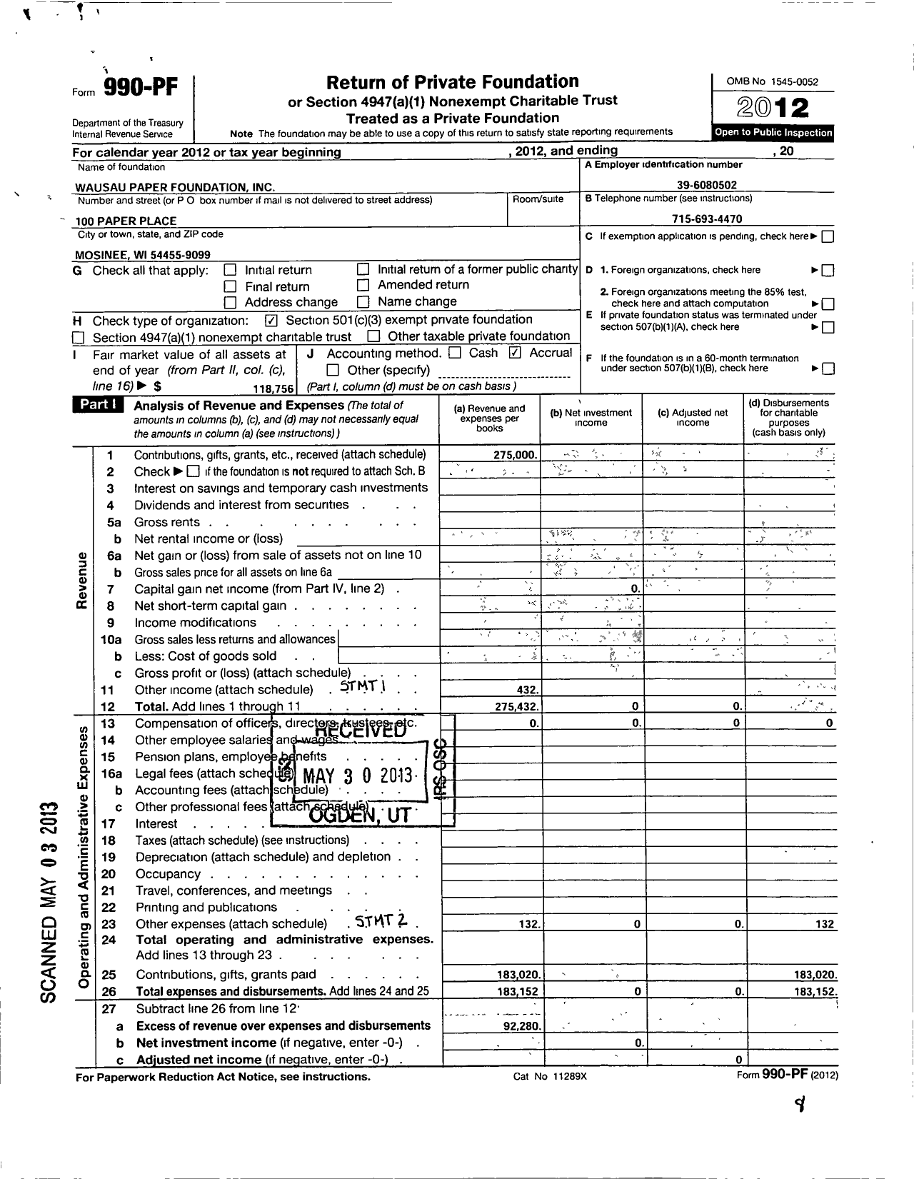 Image of first page of 2012 Form 990PF for Wausau Paper Foundation