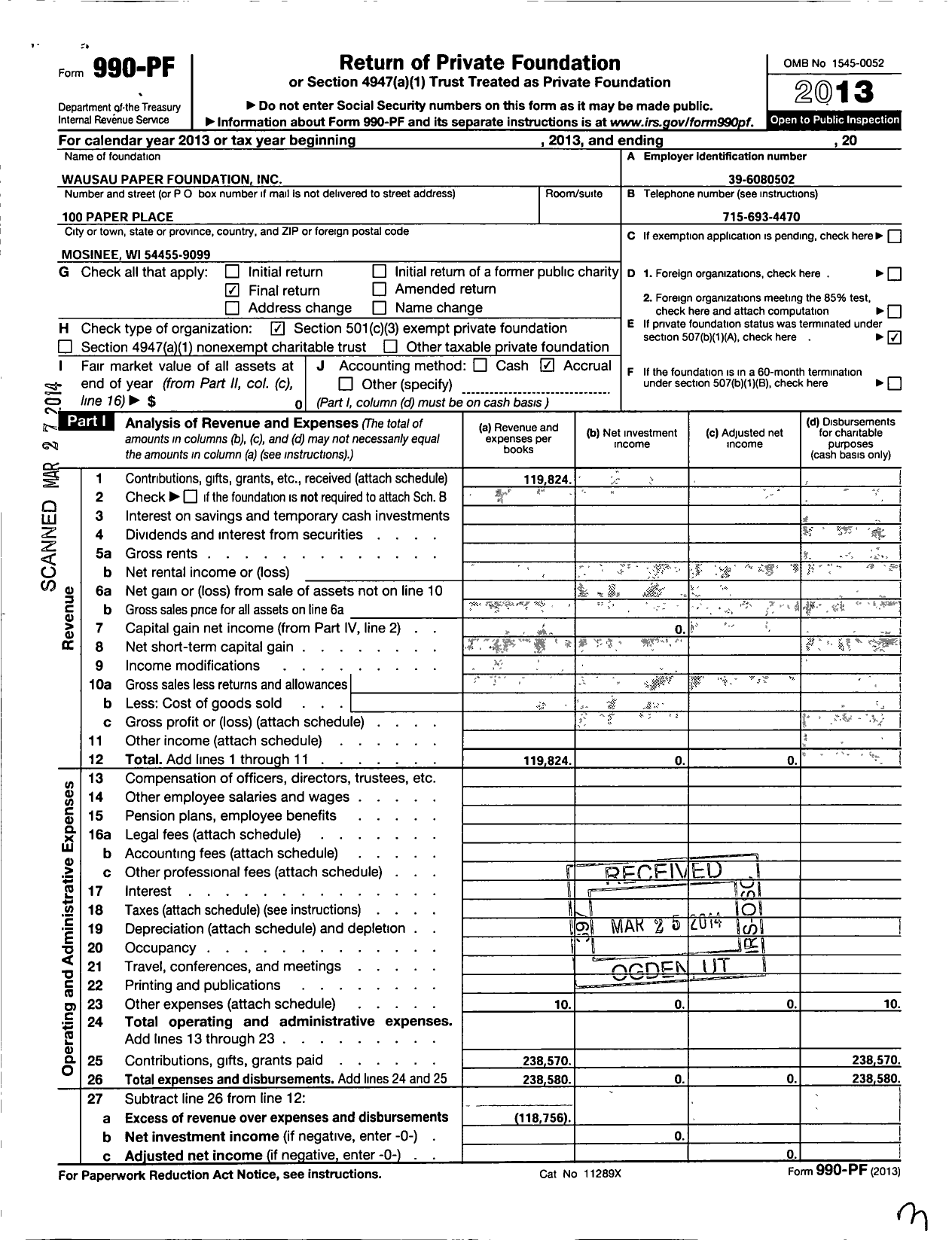 Image of first page of 2013 Form 990PF for Wausau Paper Foundation