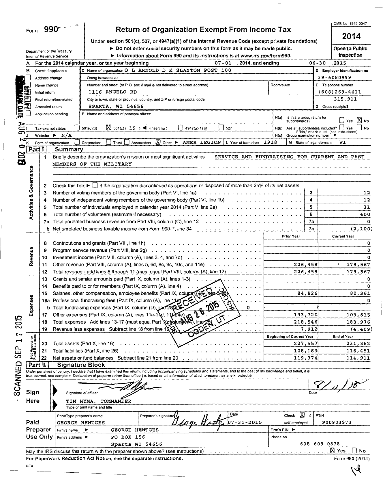 Image of first page of 2014 Form 990O for American Legion - 0100 O L Arnold-D K Slayton Post