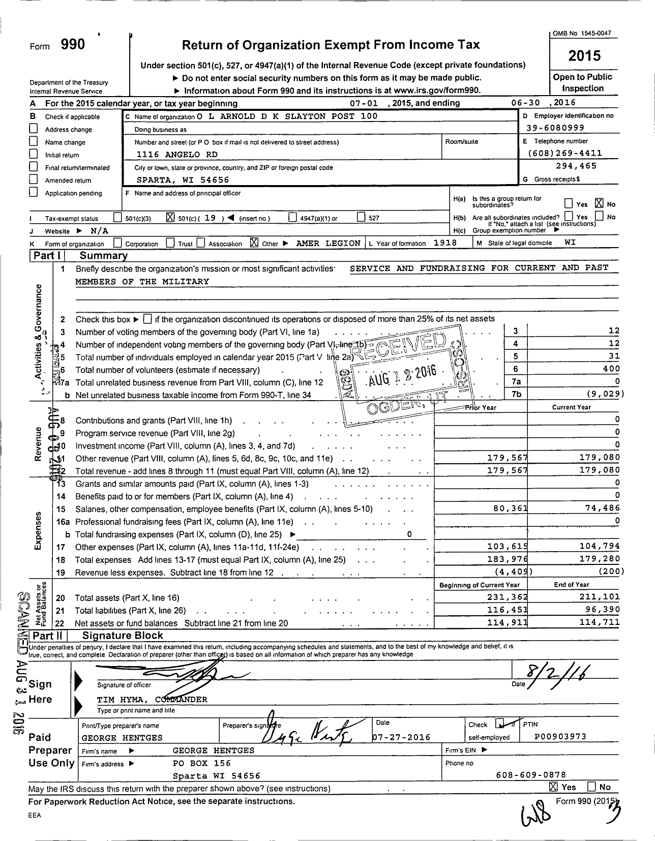 Image of first page of 2015 Form 990O for American Legion - 0100 O L Arnold-D K Slayton Post