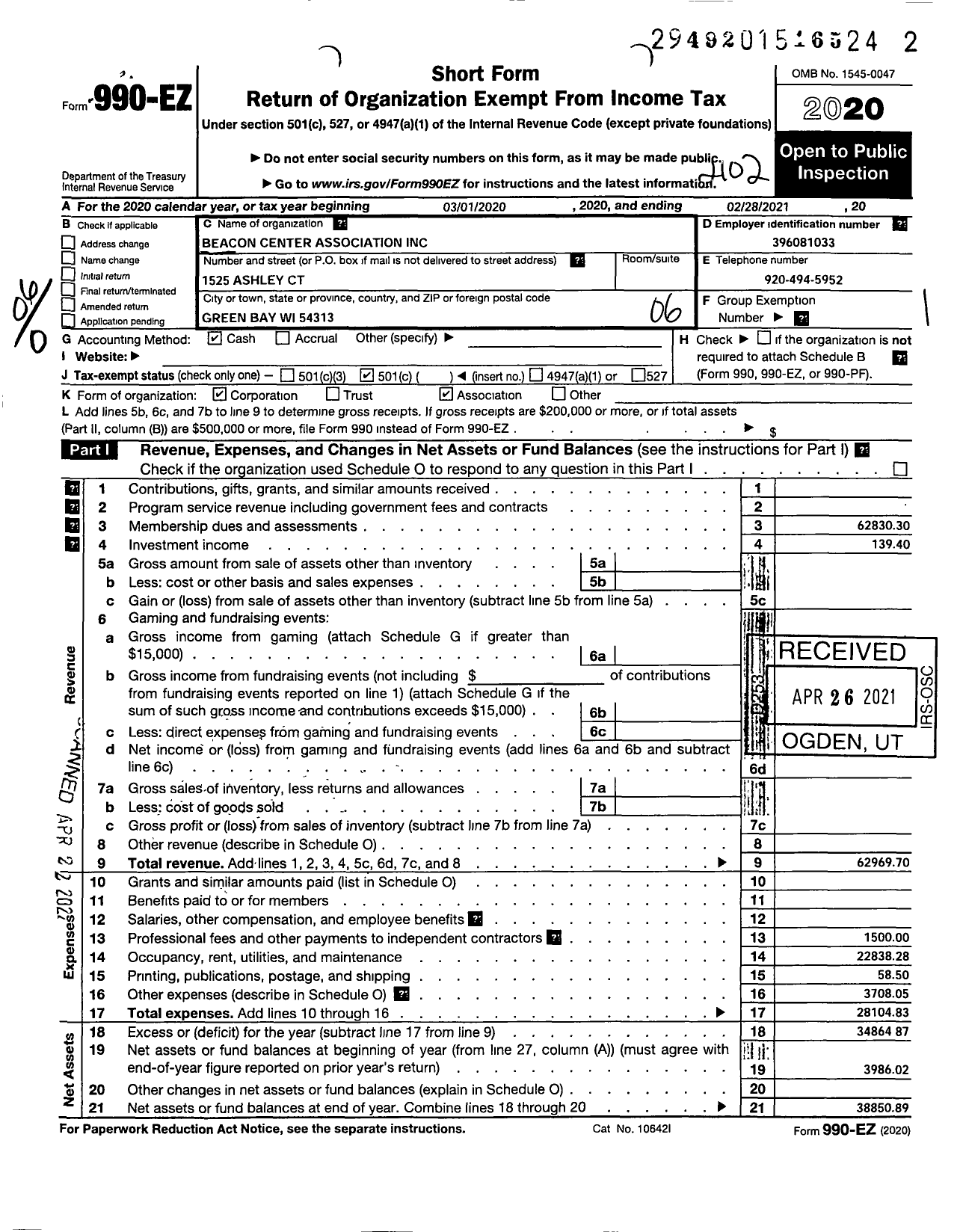 Image of first page of 2020 Form 990EO for Beacon Center Association