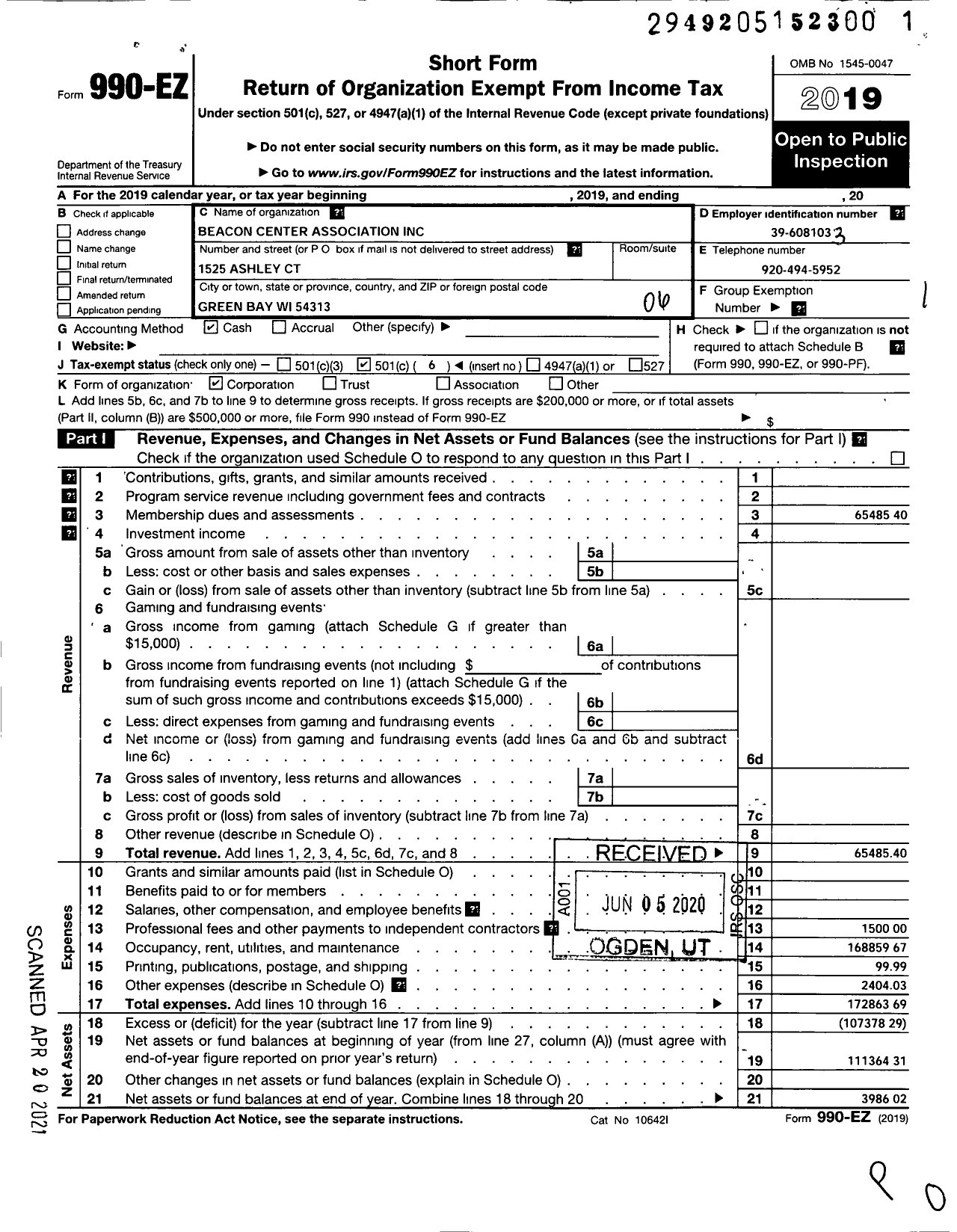 Image of first page of 2019 Form 990EO for Beacon Center Association