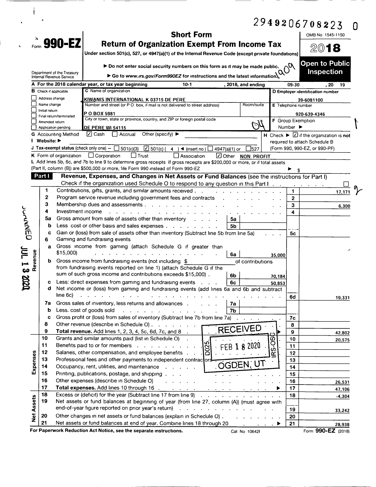 Image of first page of 2018 Form 990EO for Kiwanis International - K03715 de Pere