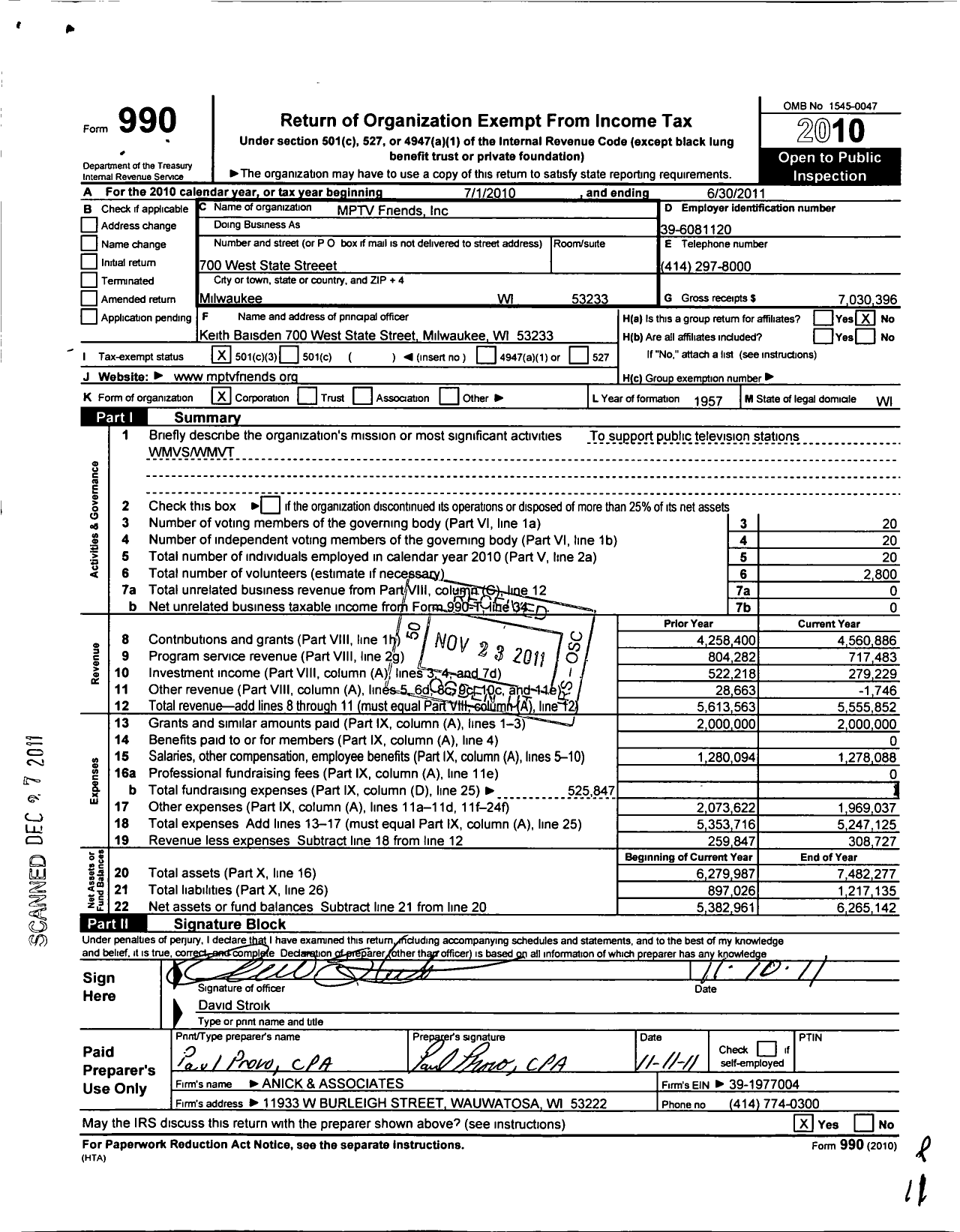 Image of first page of 2010 Form 990 for Milwaukee Public Television (MPTV)