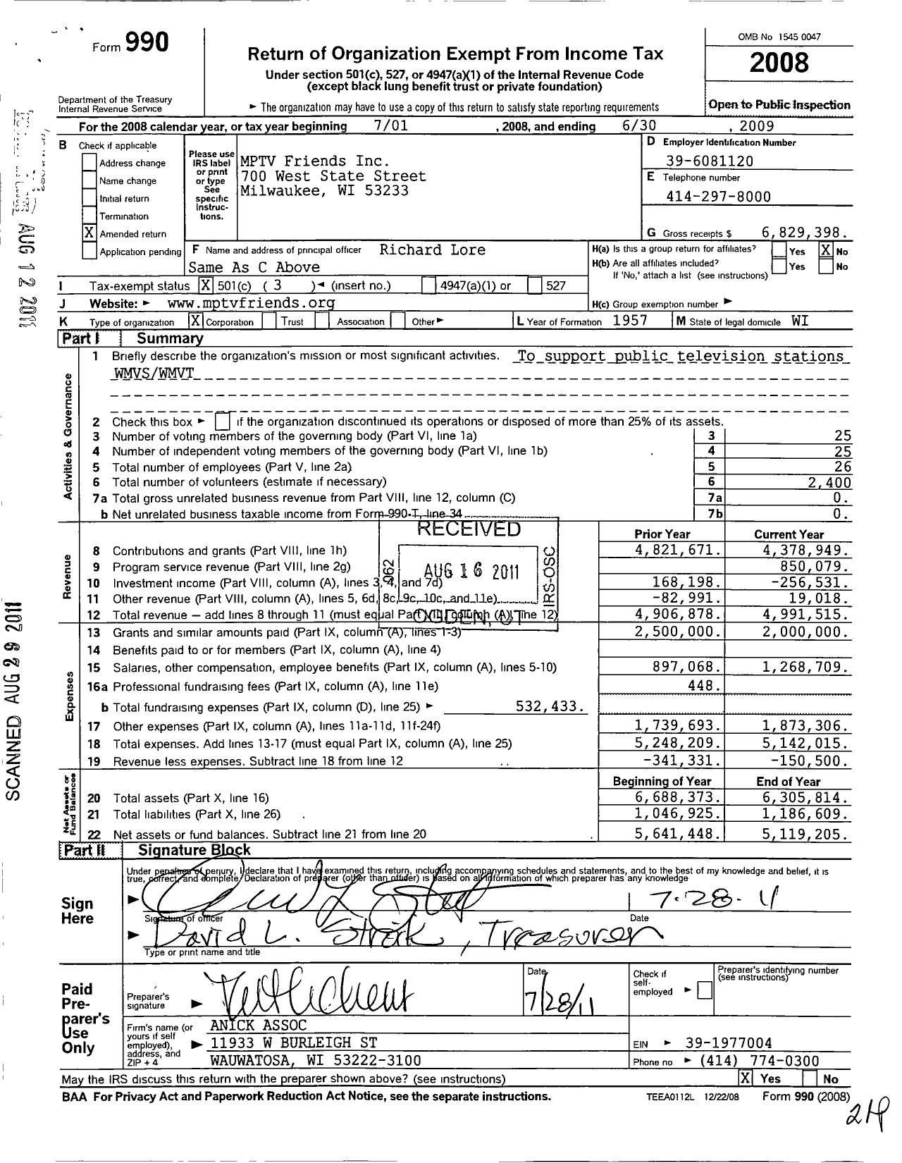 Image of first page of 2008 Form 990 for Milwaukee Public Television (MPTV)