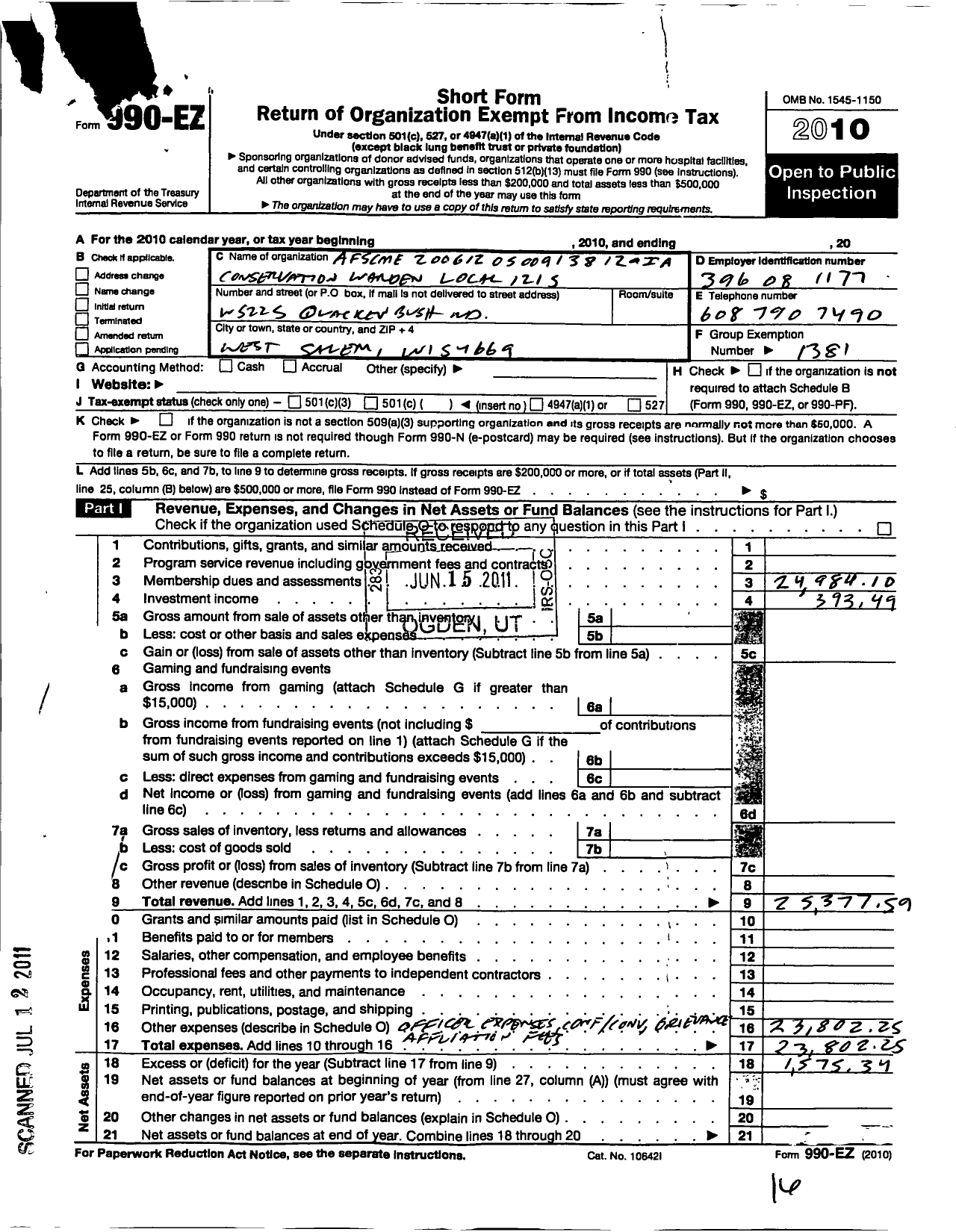 Image of first page of 2010 Form 990EO for American Federation of State County & Municipal Employees - L1215wi Dept Nat Res Wardens Ranger