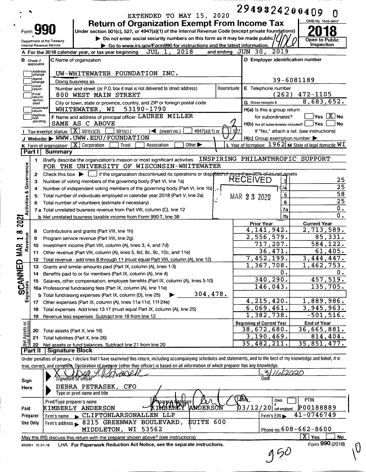 Image of first page of 2018 Form 990 for UW-Whitewater Foundation