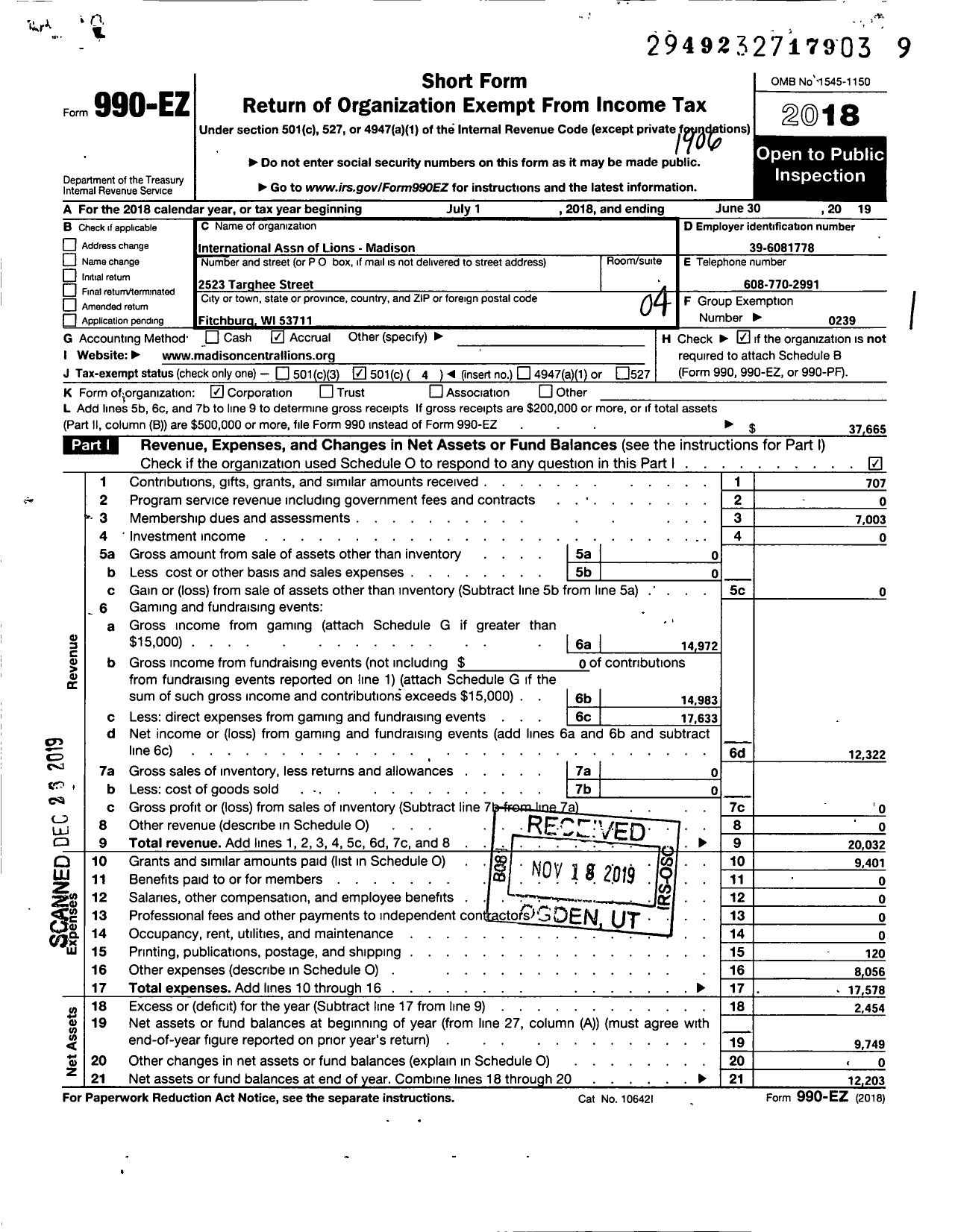 Image of first page of 2018 Form 990EO for Lions Clubs - 10640 Madison Central