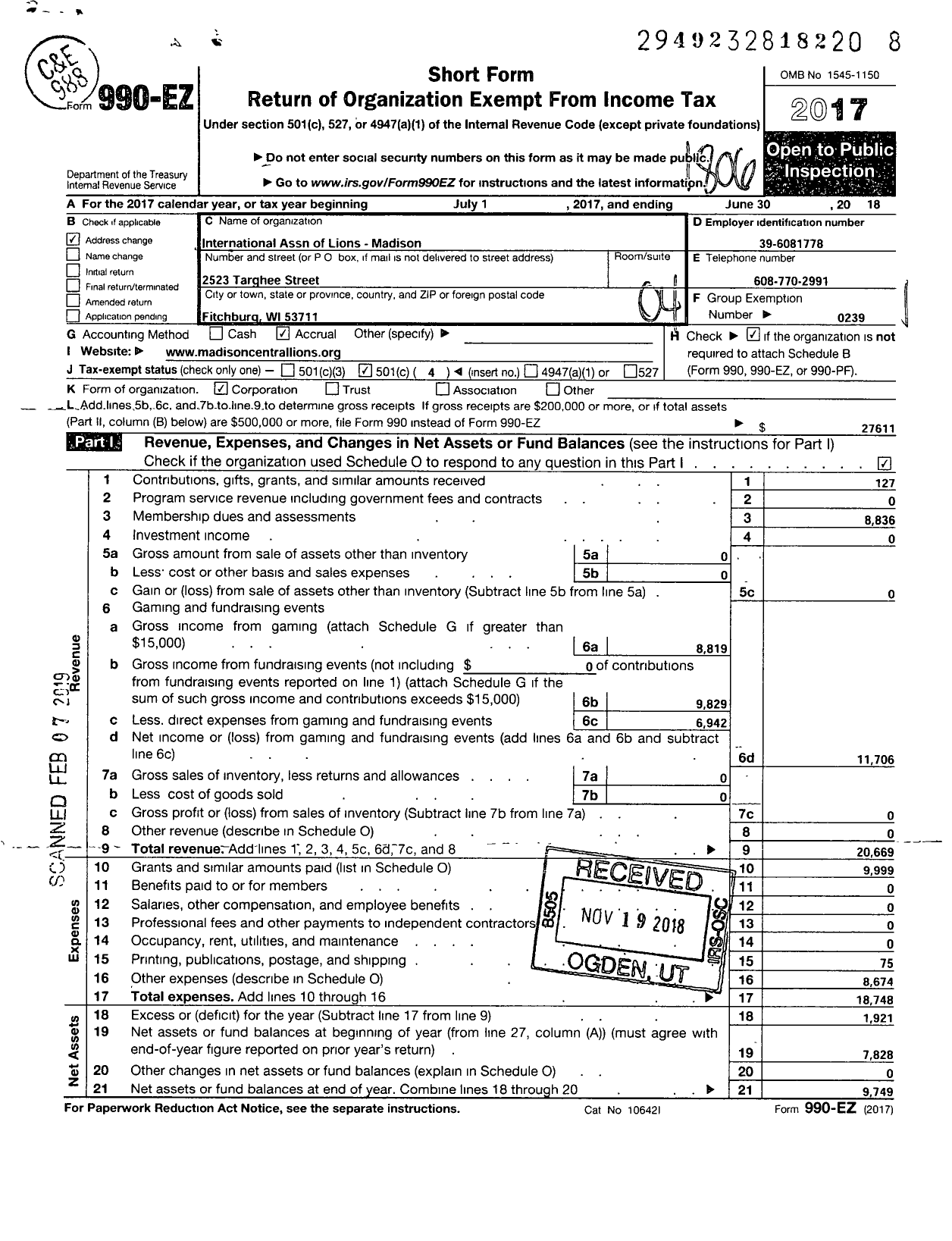 Image of first page of 2017 Form 990EO for Lions Clubs - 10640 Madison Central