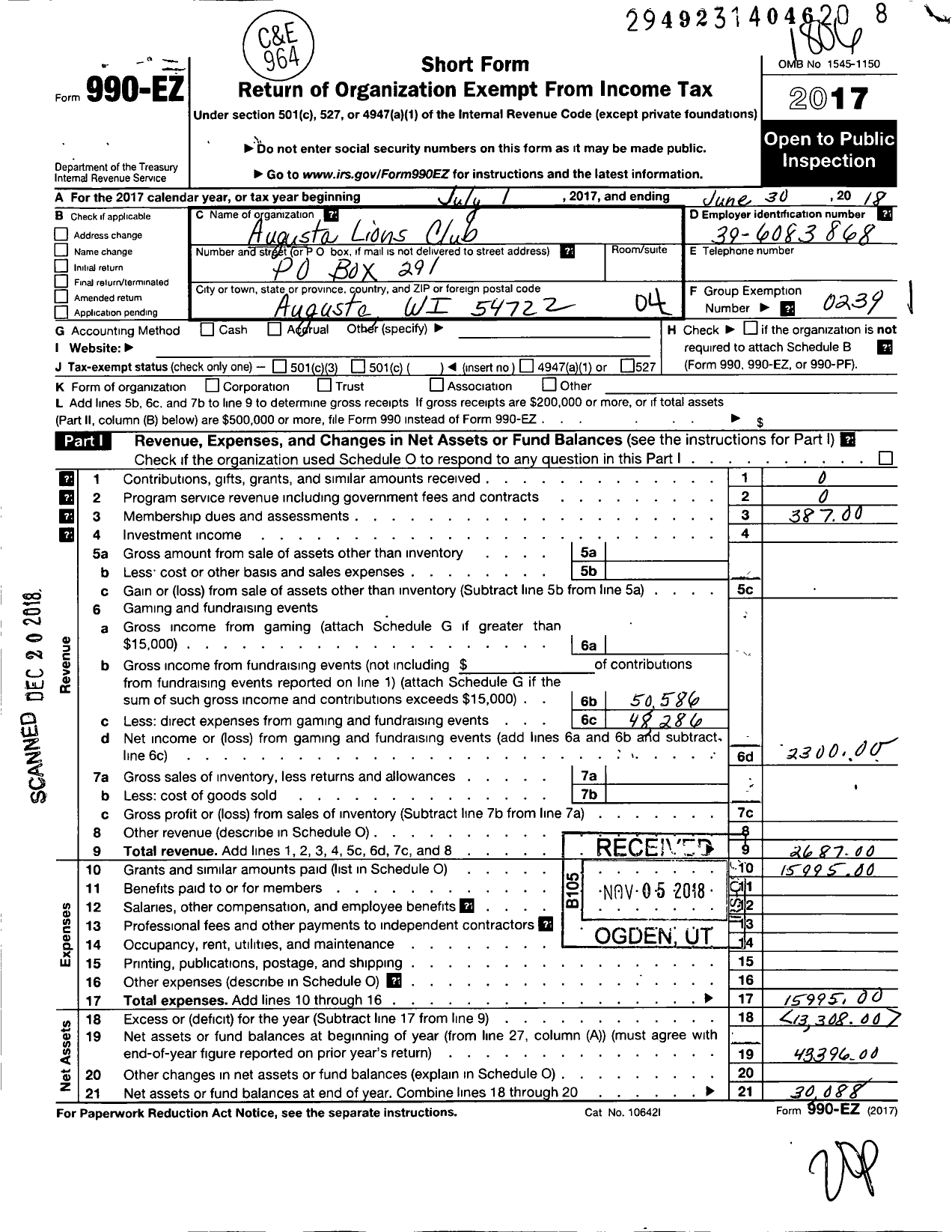 Image of first page of 2017 Form 990EO for Lions Clubs - 10678 Augusta