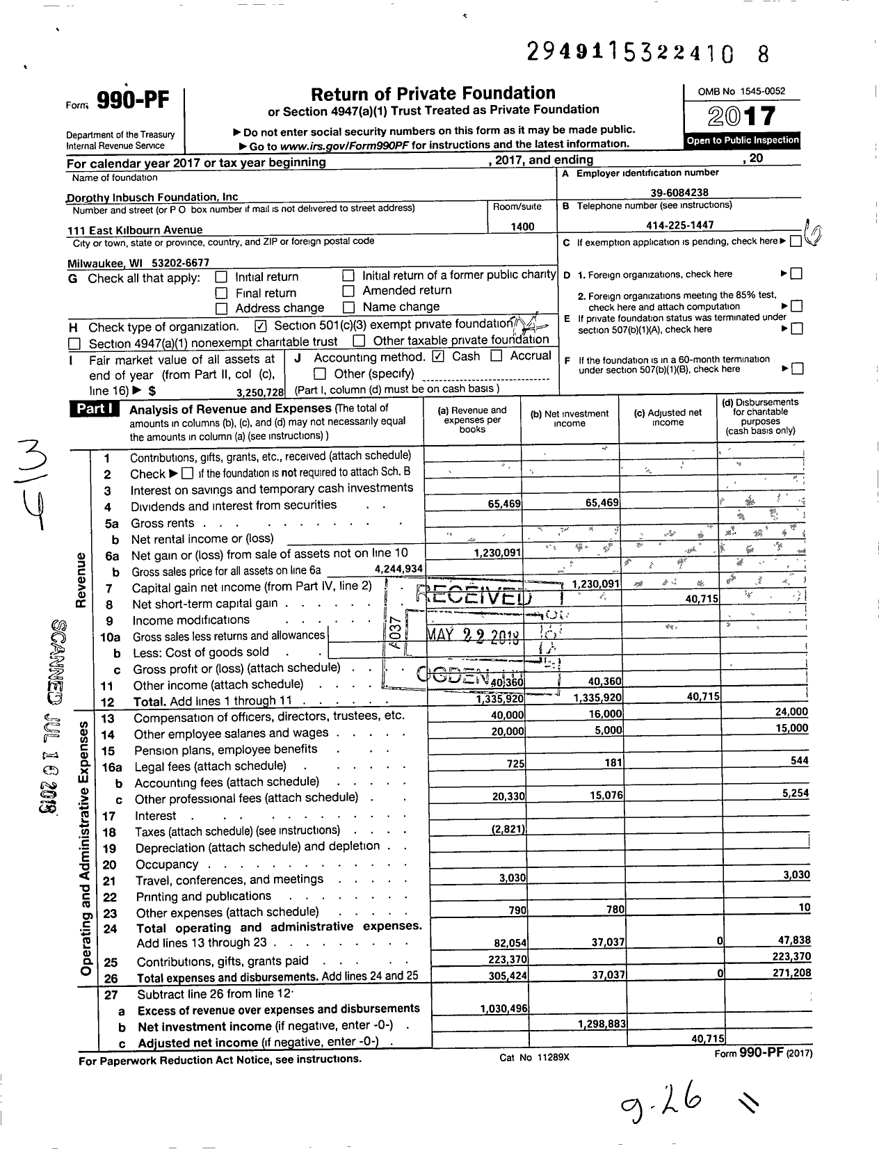 Image of first page of 2017 Form 990PF for Dorothy Inbusch Foundation