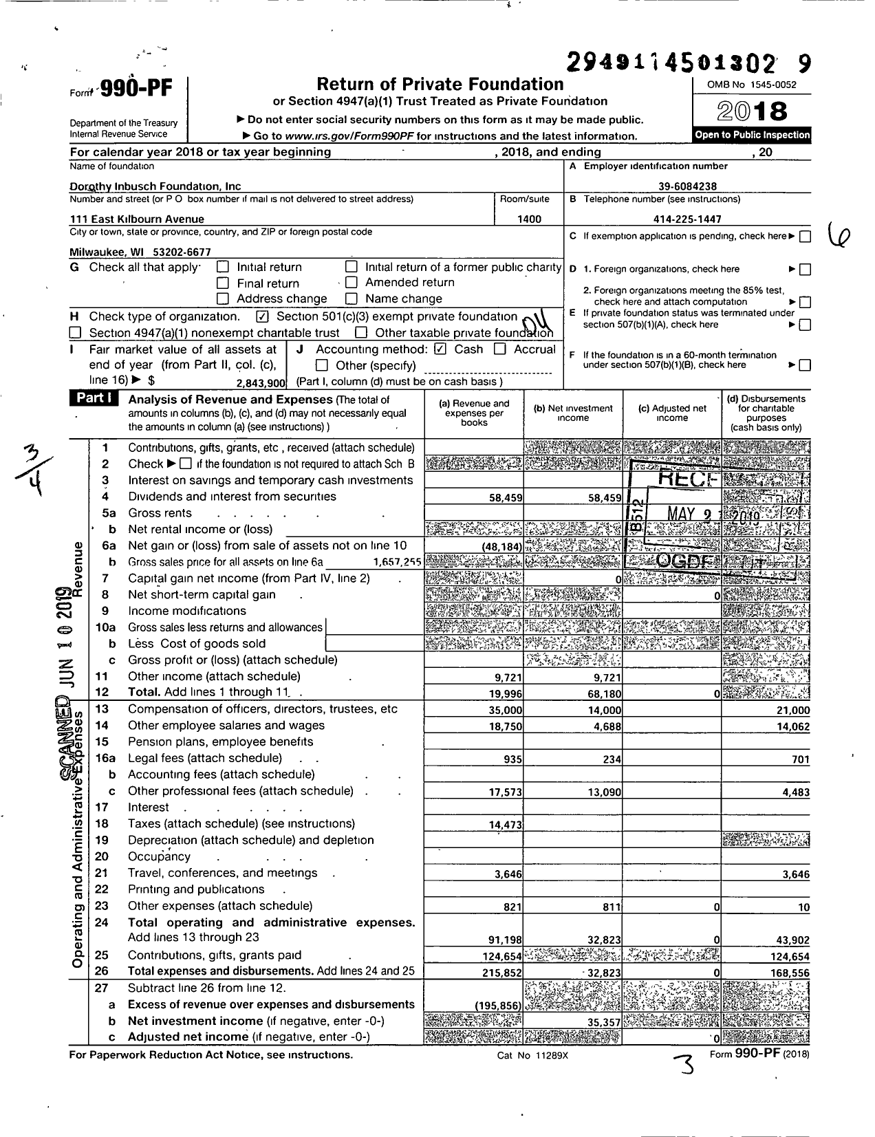 Image of first page of 2018 Form 990PF for Dorothy Inbusch Foundation