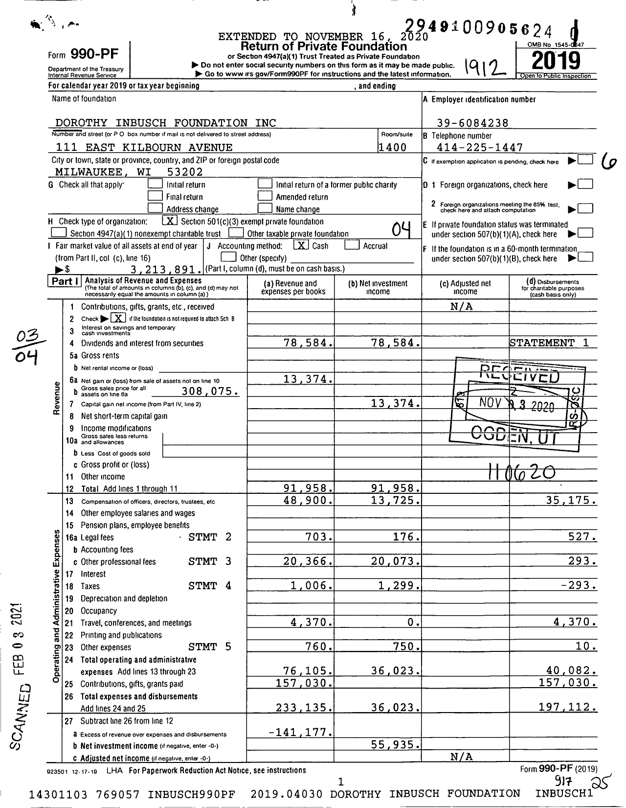 Image of first page of 2019 Form 990PF for Dorothy Inbusch Foundation