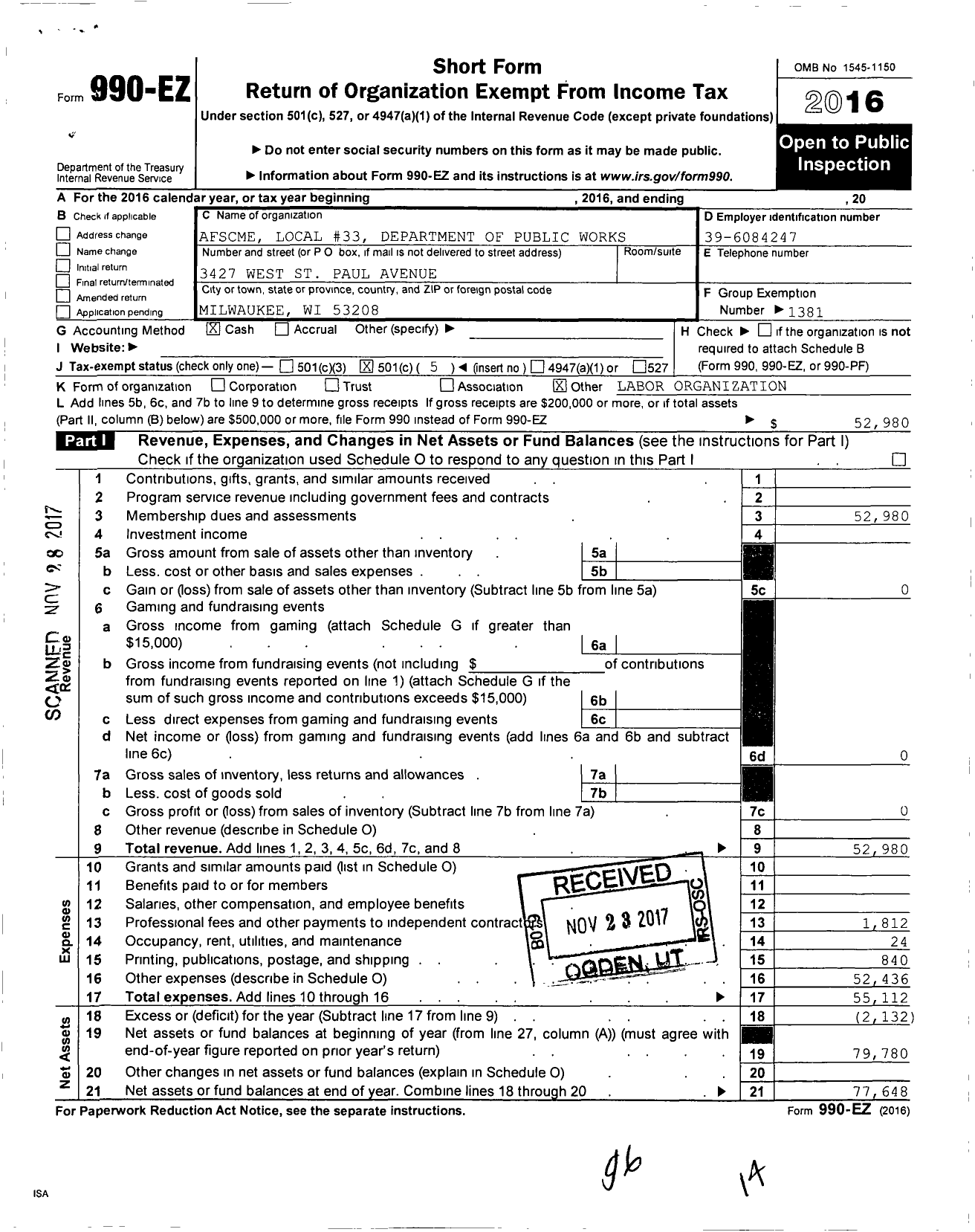 Image of first page of 2016 Form 990EO for American Federation of State County & Municipal Employees - L0033wi Milwaukee Dept of Pub Works