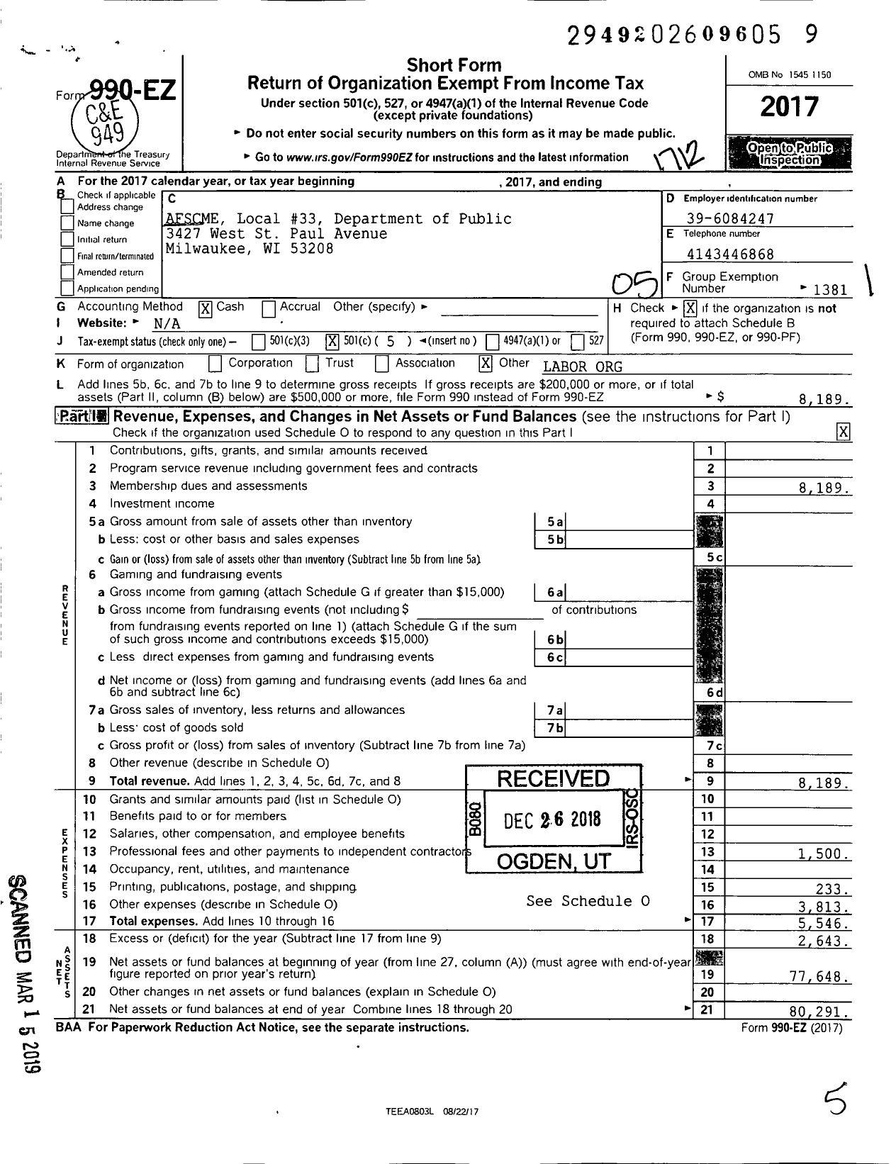 Image of first page of 2017 Form 990EO for American Federation of State County & Municipal Employees - L0033wi Milwaukee Dept of Pub Works