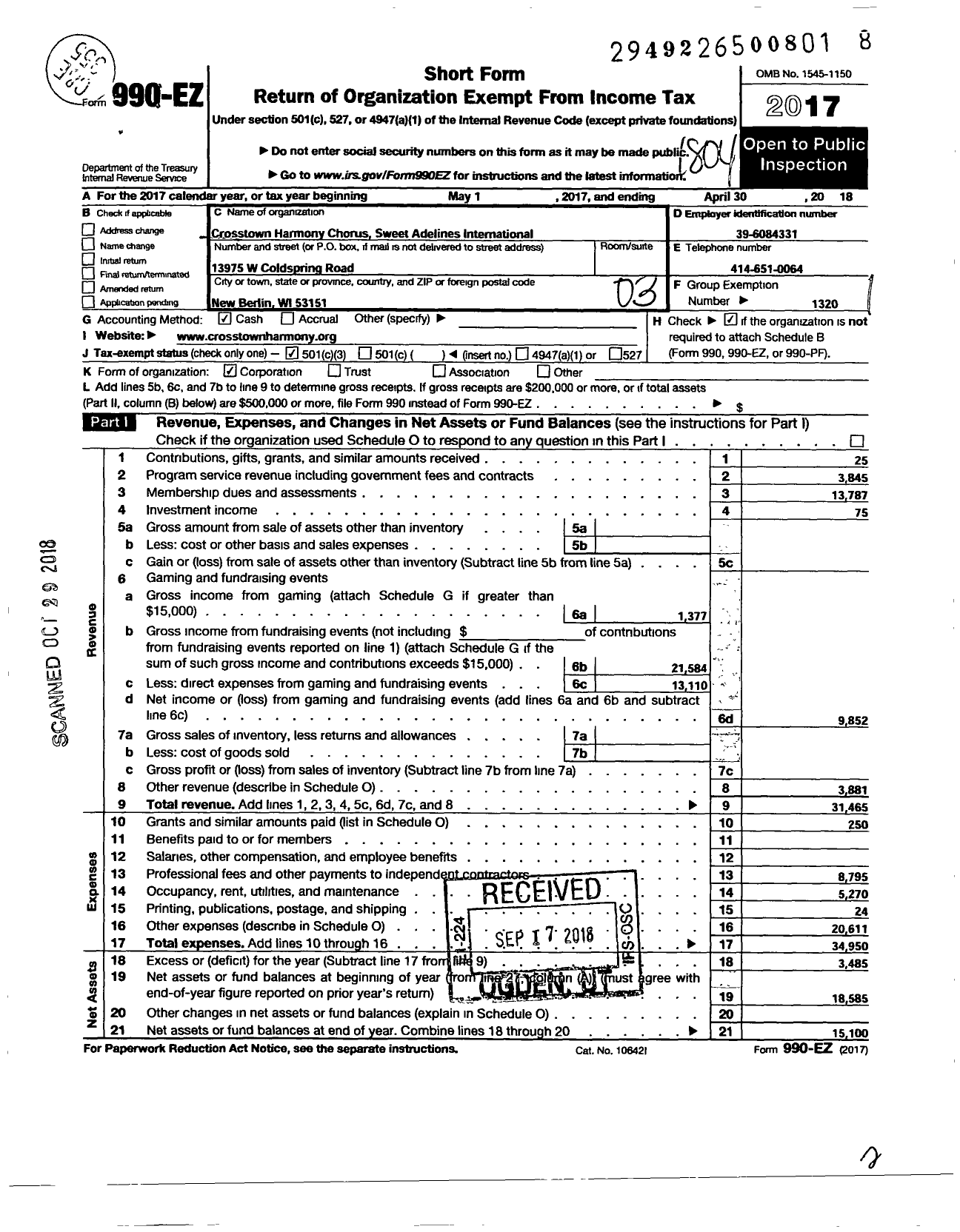 Image of first page of 2017 Form 990EZ for Sweet Adelines International - 110418 Crosstown Harmony