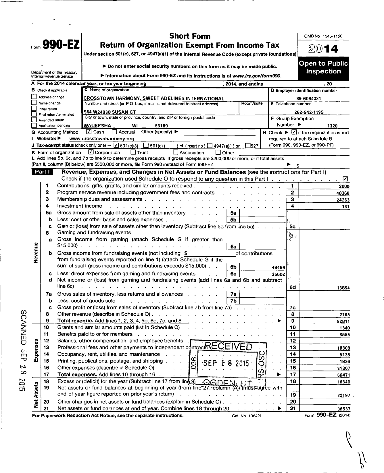 Image of first page of 2014 Form 990EZ for Sweet Adelines International - 110418 Crosstown Harmony