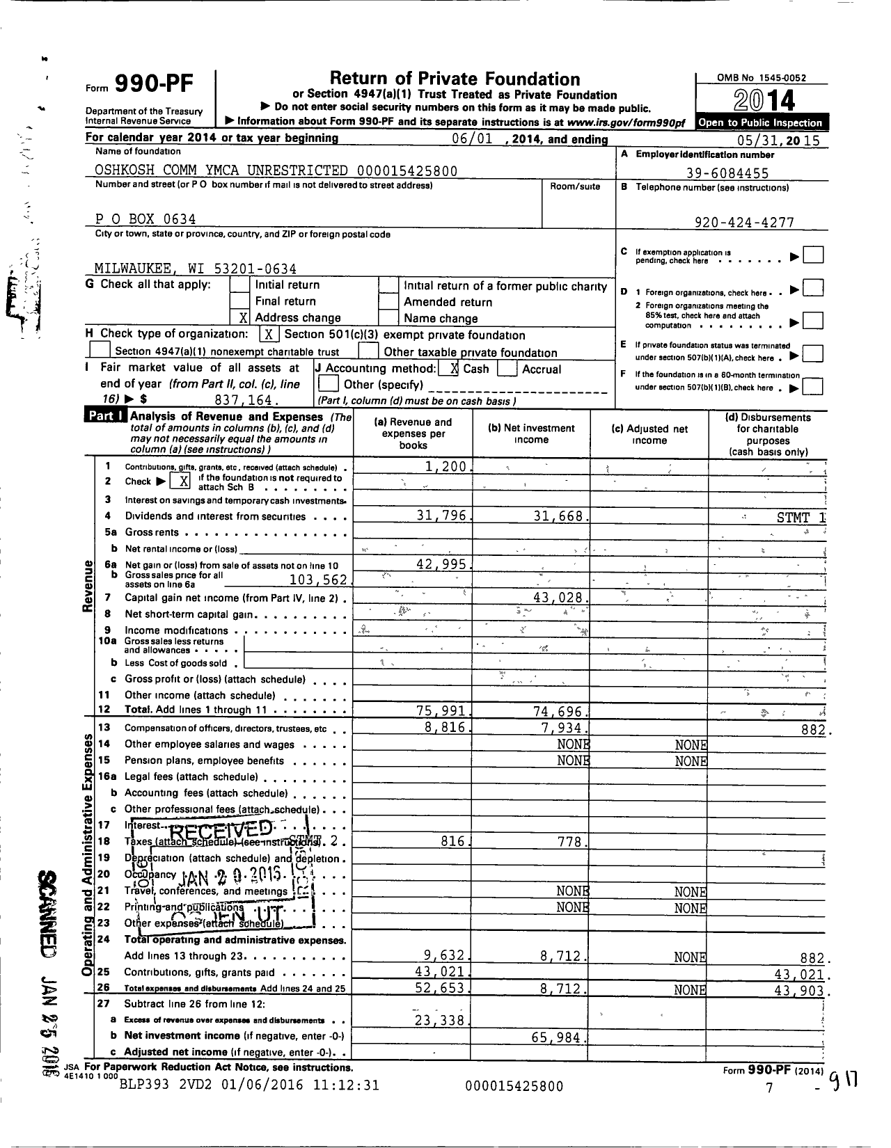 Image of first page of 2014 Form 990PF for Oshkosh Comm Ymca Unrestricted