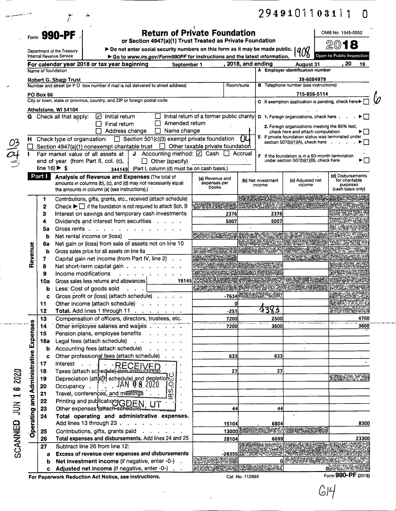 Image of first page of 2018 Form 990PR for Robert G Sharp Trust