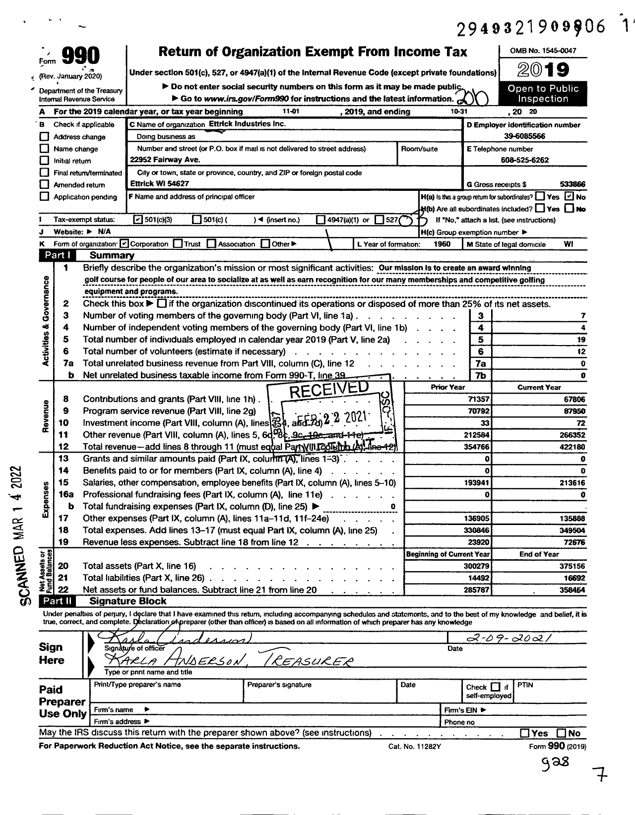 Image of first page of 2019 Form 990 for Ettrick Industries