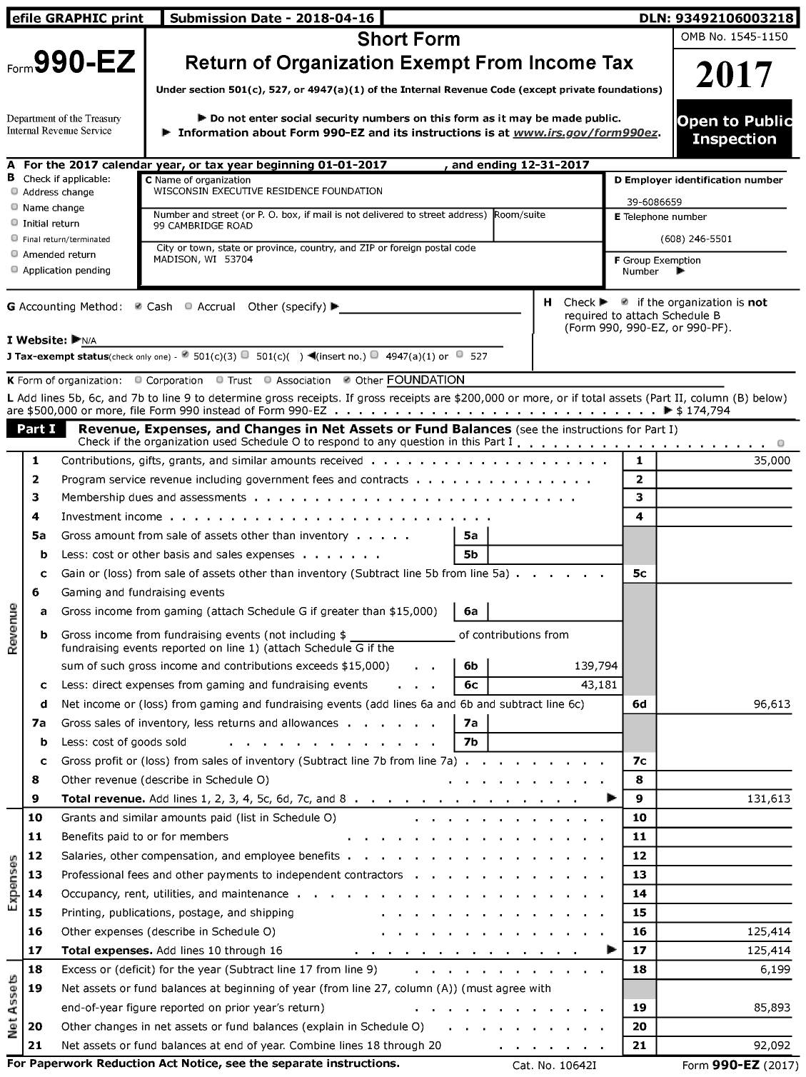 Image of first page of 2017 Form 990EZ for Wisconsin Executive Residence Foundation