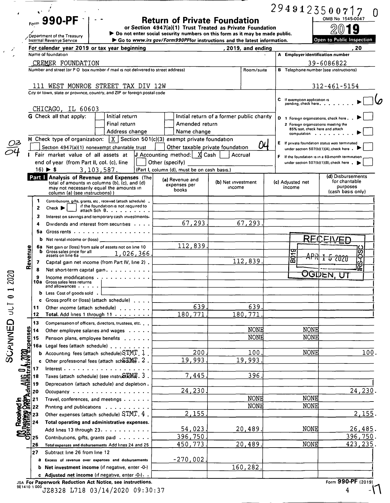 Image of first page of 2019 Form 990PR for Cremer Foundation