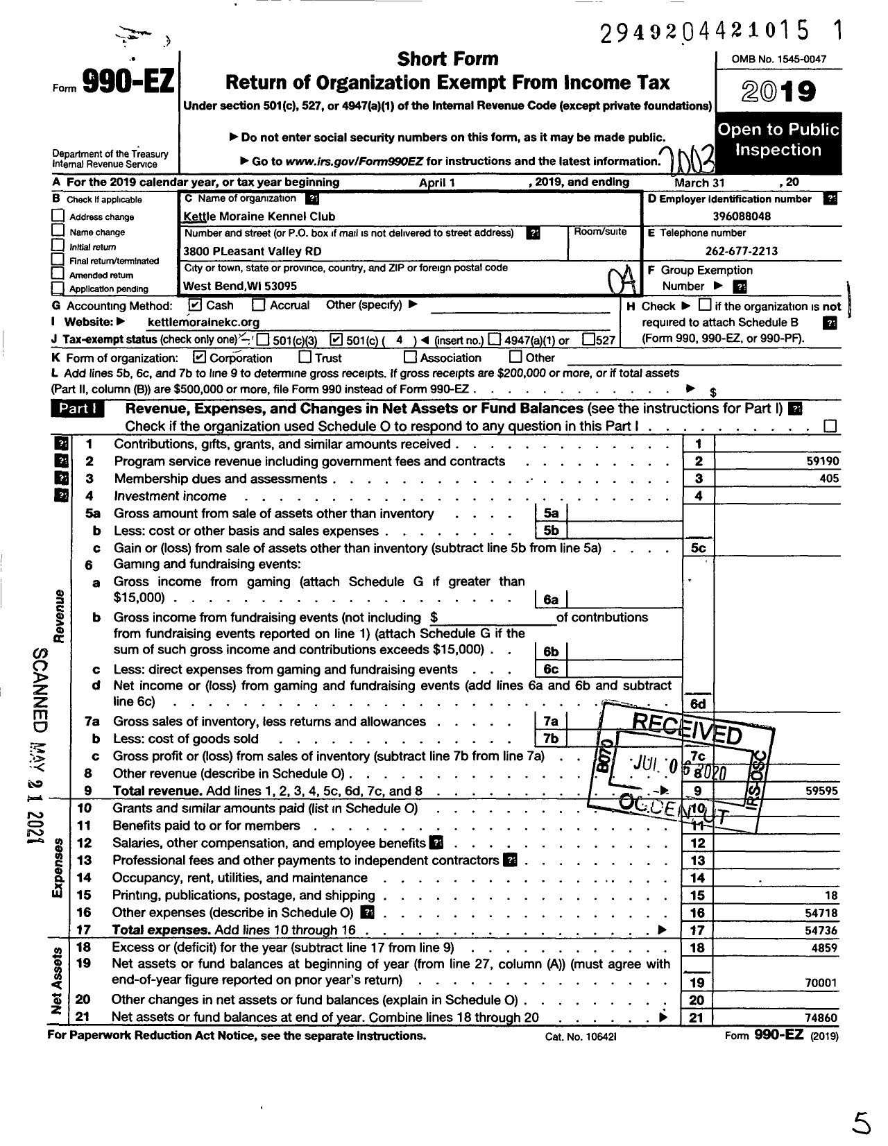 Image of first page of 2019 Form 990EO for Kettle Moraine Kennel Club