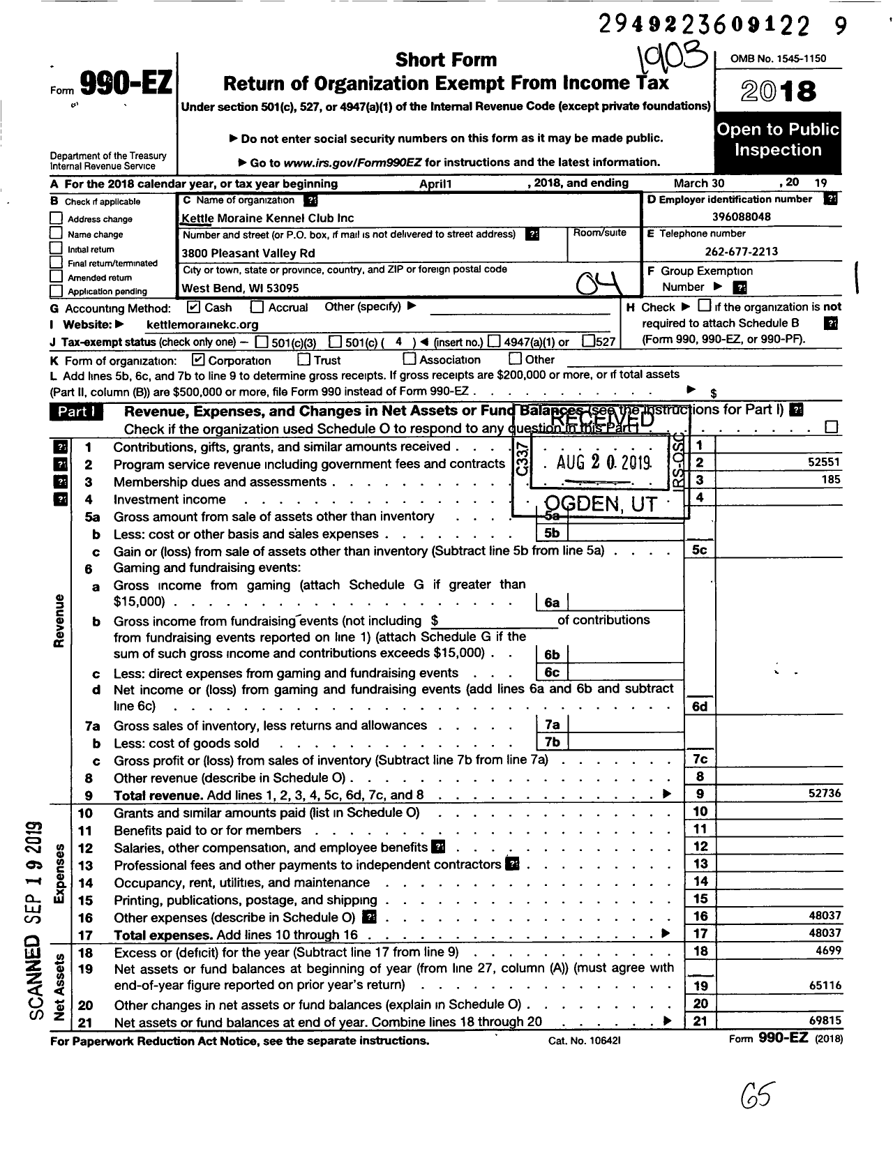 Image of first page of 2018 Form 990EO for Kettle Moraine Kennel Club