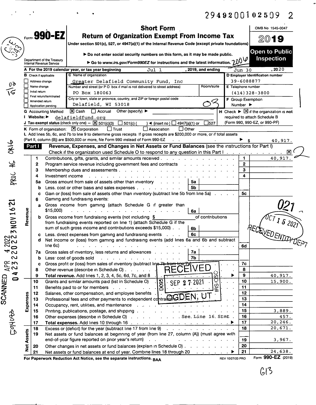 Image of first page of 2019 Form 990EZ for Greater Delafield Community Fund